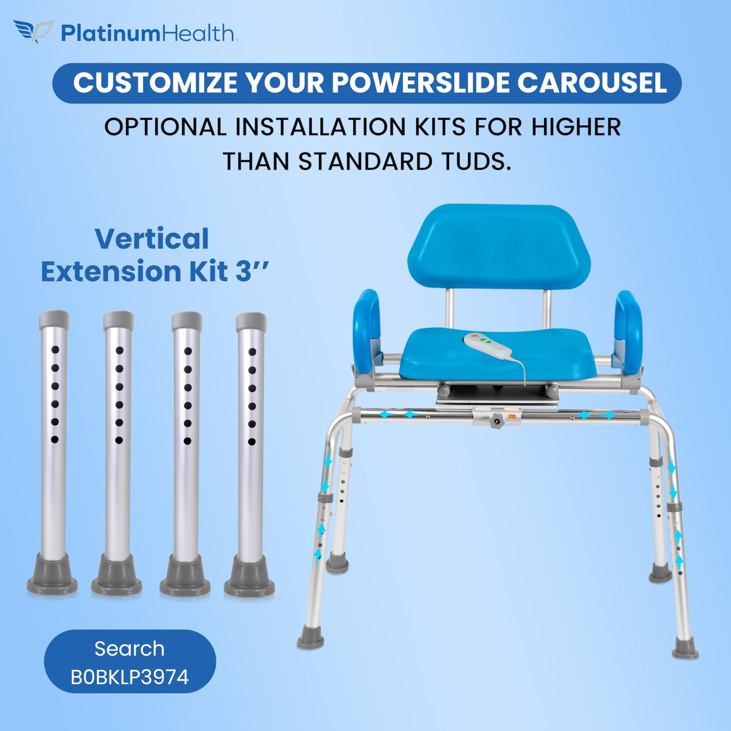 Platinum Health Carousel Sliding Shower Chair Tub Transfer Bench with Swivel Seat, Premium Padded, Pivoting Arms, Adjustable Space Saving Design for Tubs, Inside Shower, for Handicap & Seniors, Blue