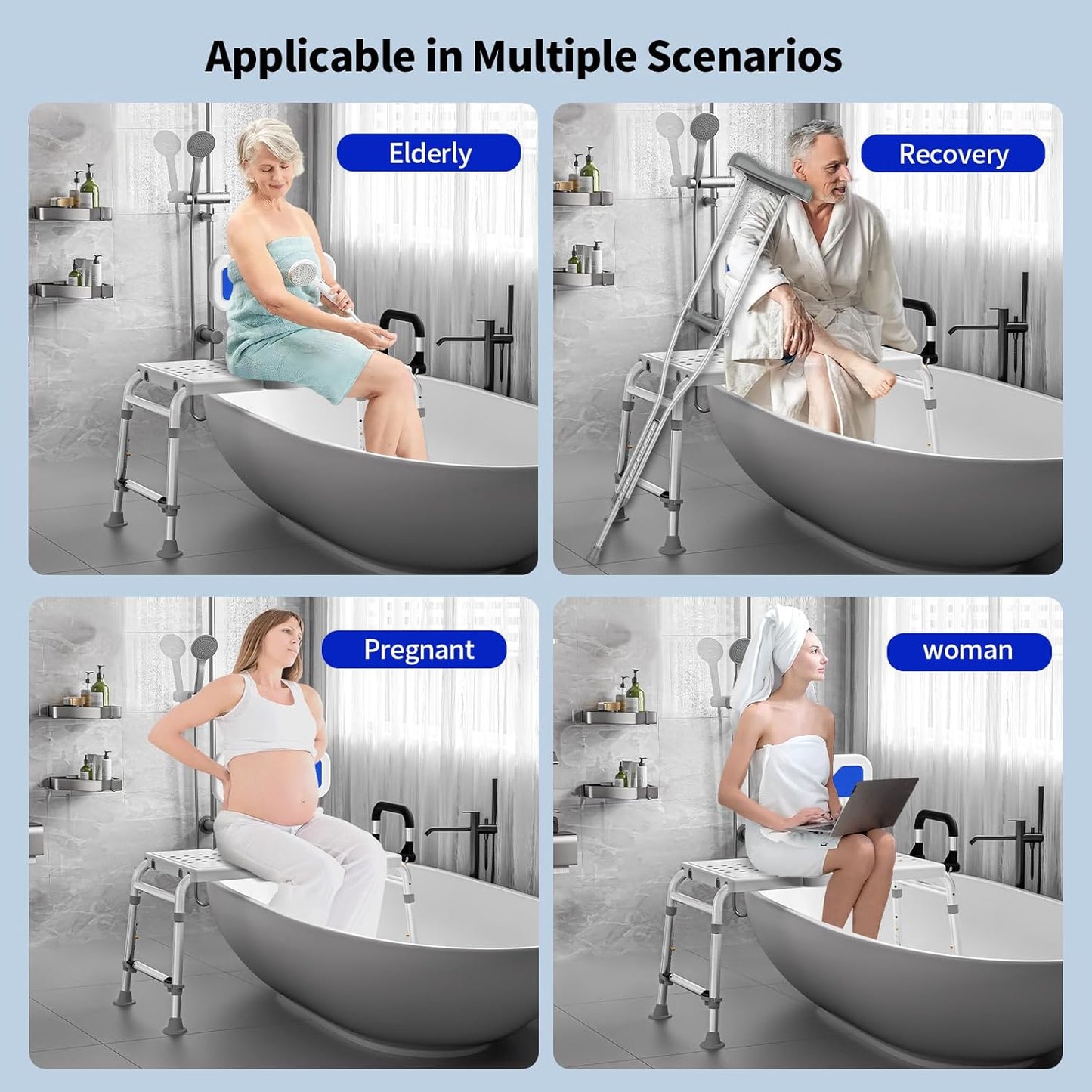 Extended Bath Tub Transfer Shower Bench for Inside Shower Bathtub to Sit On Chair Bathtubs Safety Seating Stool for Adults Handicap Seniors Elderly Disabled with Back Arms Bathroom Shower Stall