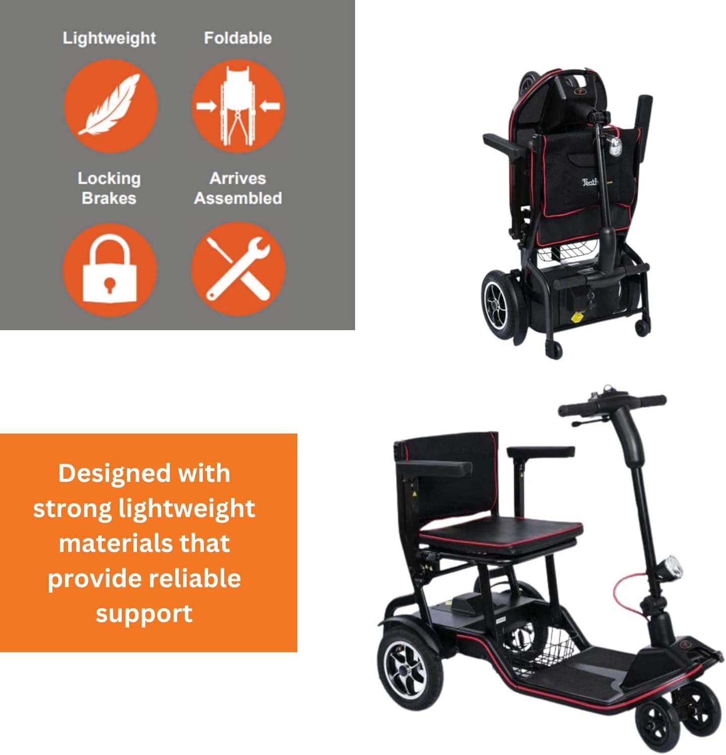 FeatherMobility - Black 4 Wheel Mobility Scooter 37 lb Frame - Long Range Battery, Compact Fold for Travel, with Arm Rests, and Basket - 265 lb Capacity