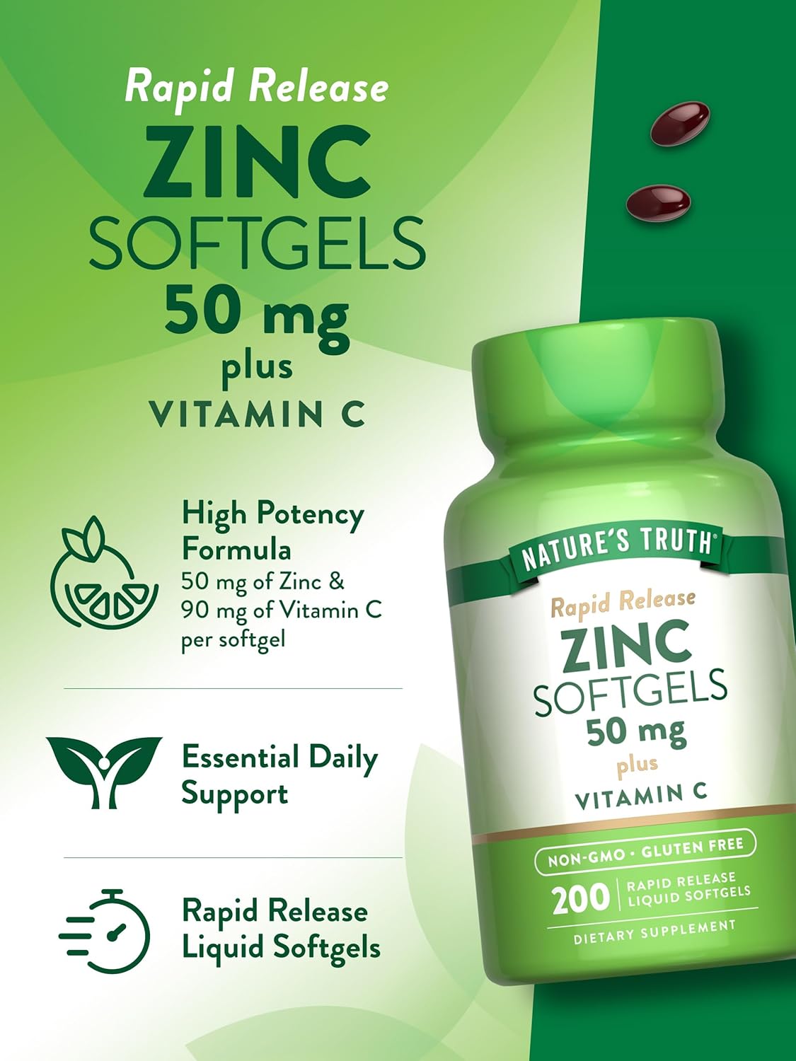 Nature's Truth Zinc 50mg Supplement | with Vitamin C | 200 Liquid Softgels | Non-GMO & Gluten Free