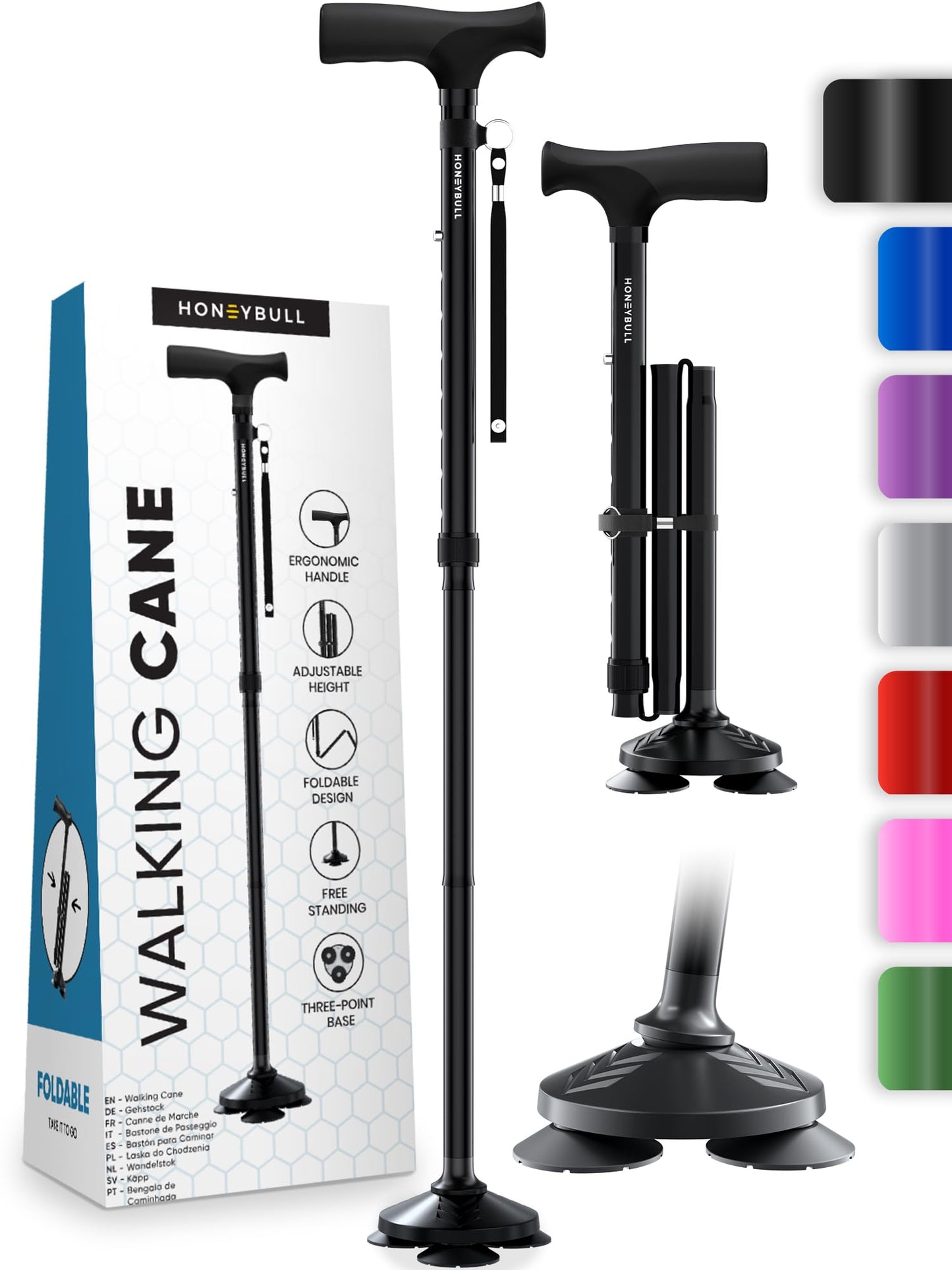 HONEYBULL Walking Cane for Men & Women – Foldable, Adjustable & Heavy-Duty Mobility Aid