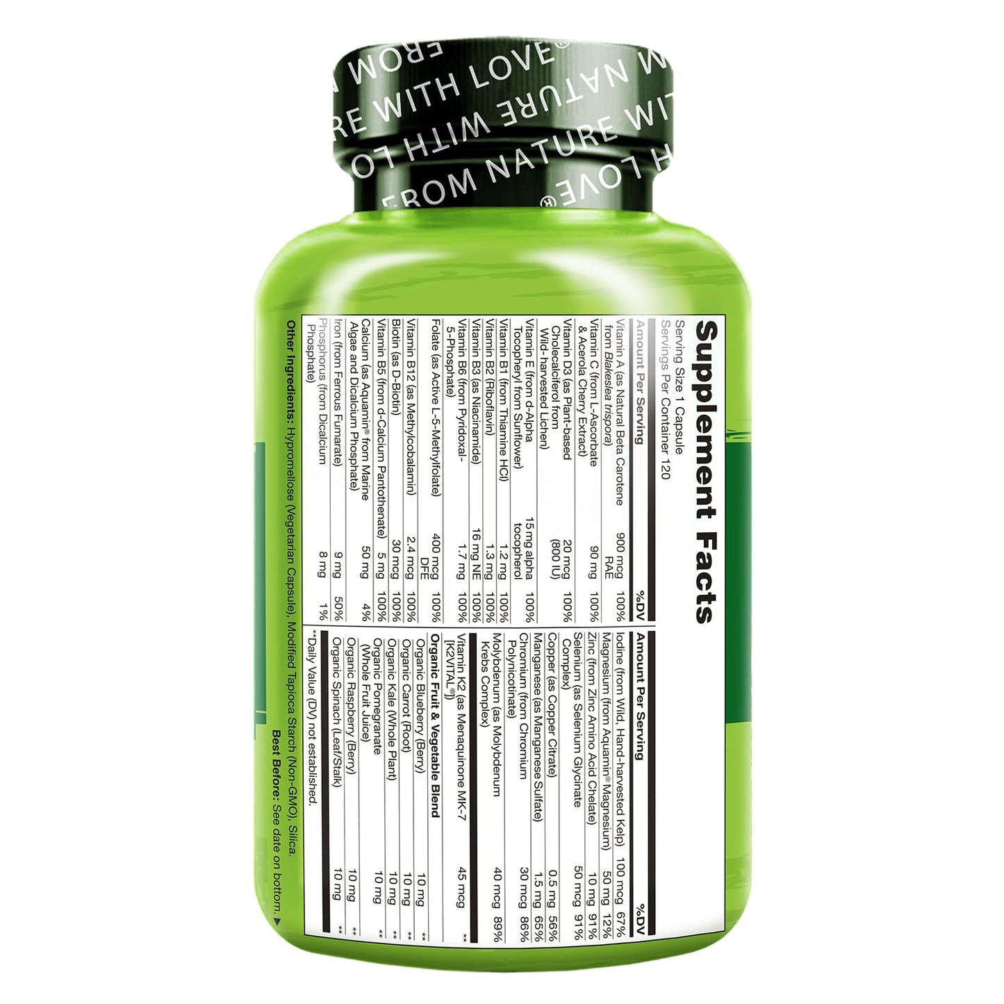 NATURELO One Daily Multivitamin for Women - Energy Support - Whole Food Supplement to Nourish Hair, Skin, Nails - Non-GMO - No Soy - Gluten Free - 60 Capsules - 2 Month Supply