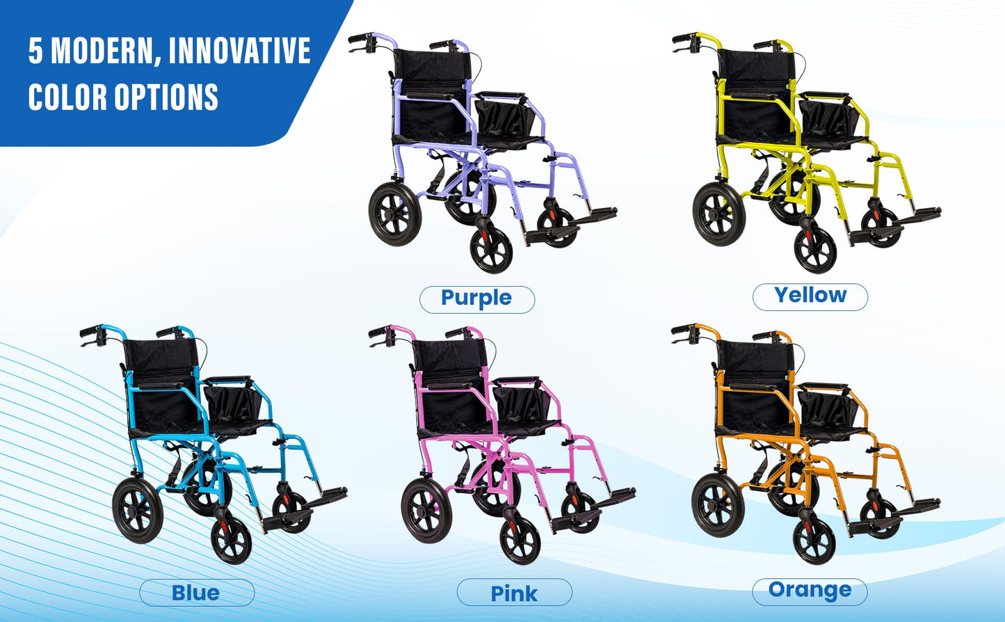 Platinum Health Hummingbird™ Ultra-Lightweight Foldable Transport Wheelchair, Handbrakes,12-Inch Rear Wheels, Extra-Wide Seat. Convenient Table-Length Padded Armrests. (Sunrise Pink)