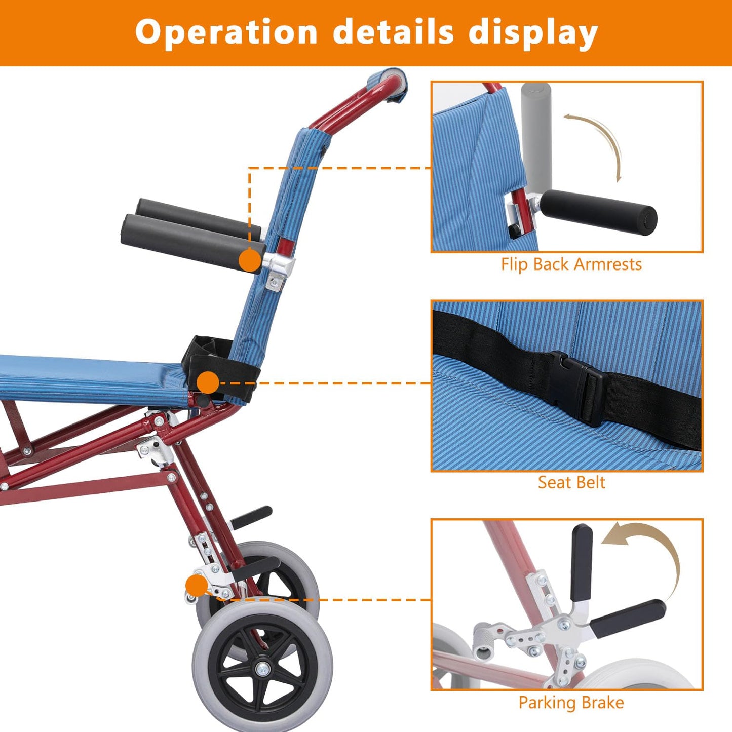 Lightweight Foldable Transport Wheelchair with Flip Back Armrest and Foldable Pedal, 18" Wide Seat for Adults Seniors Easy Transfers, 250lbs, Blue