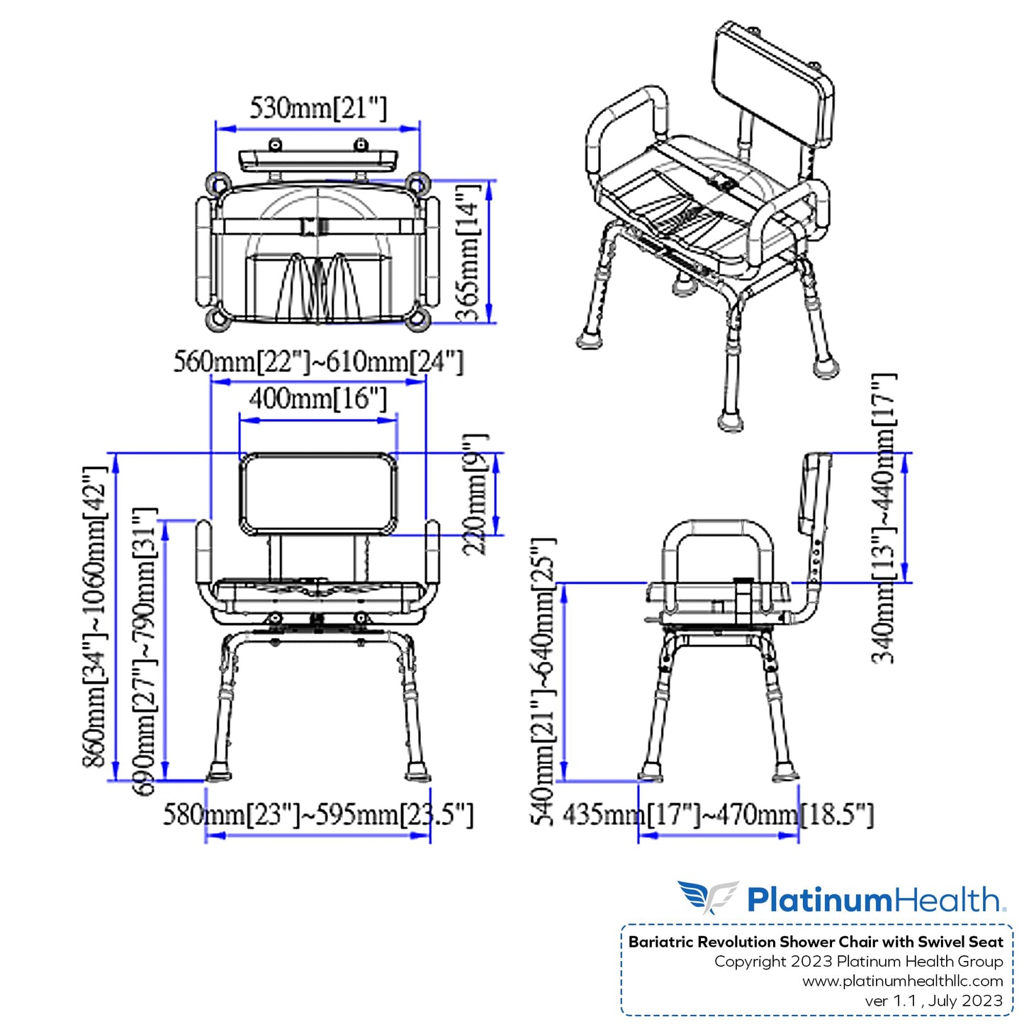 Revolution Pivoting Shower Chair for Bathtub, Adjustable Swivel Seat with Padded Back and Arms, Adjustable Space Saving Design for Tubs, Shower, for Elderly, Handicap & Seniors, Blue