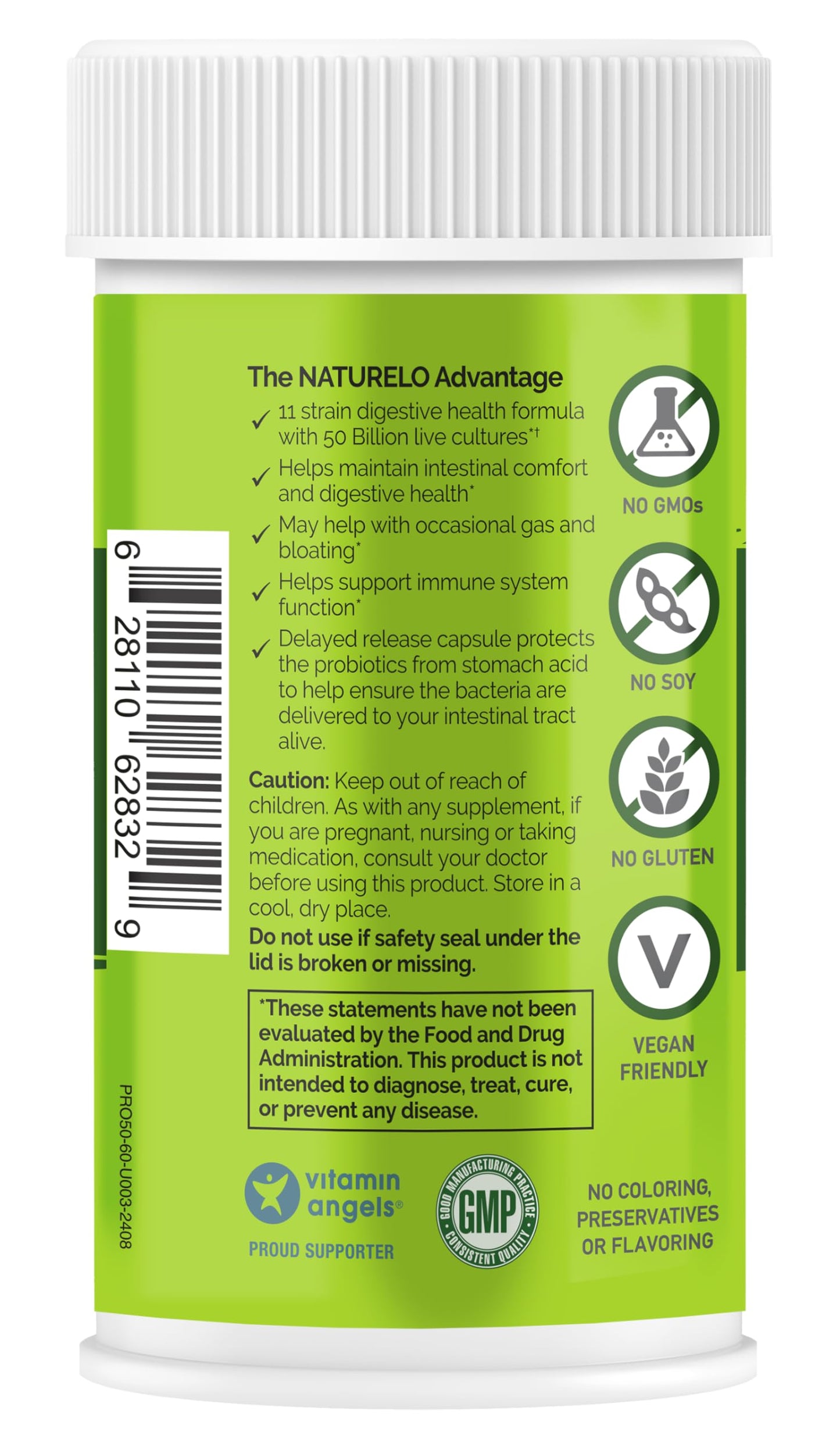 NATURELO Probiotics for Digestive Health - 50 Billion CFU, 11 Strains Daily Supplement - Boosts Immune System, Delayed Release, 60 Vegetarian Capsules