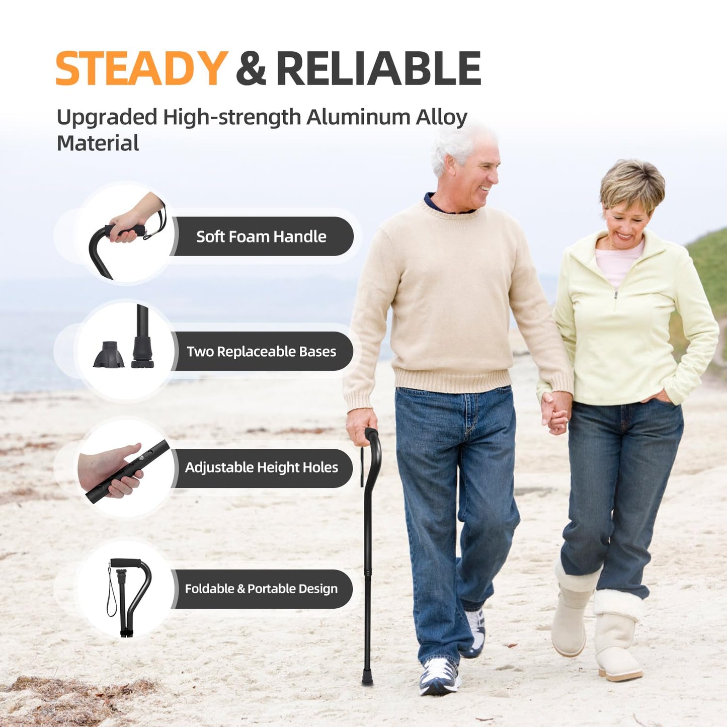 BeneCane Walking Cane for Men & Women Adjustable Cane with Offset Soft Cushioned Handle -Portable Lightweight Sturdy Mobility Walker Aid for Elderly, Seniors Collapsible Cane