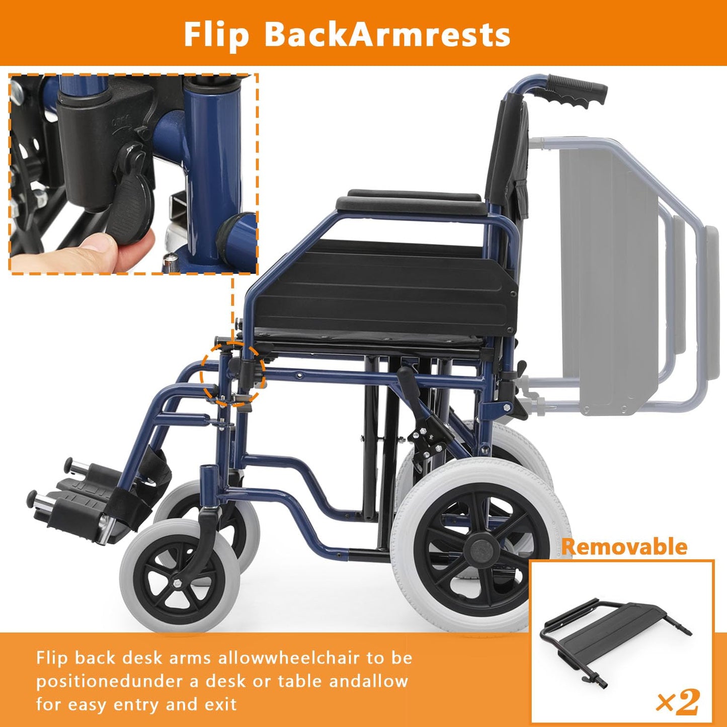 Wheelchair, Heavy Duty Folding Transport Wheelchair with Swing-Away Foot Rest and Removable Flip Back Armrests, 17" Wide Seat for Adults Seniors Easy Transfers, 300lbs, Red