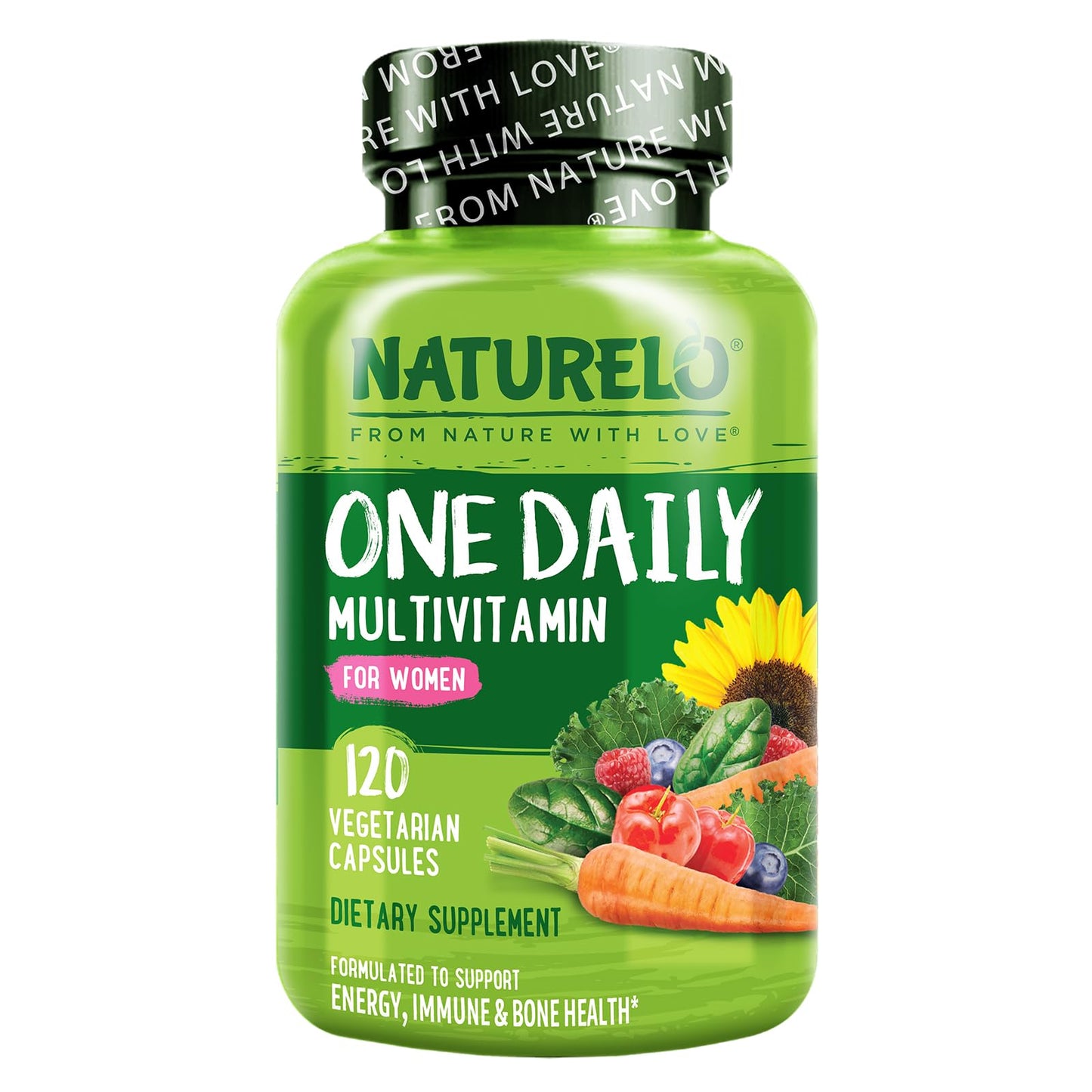 NATURELO One Daily Multivitamin for Women - Energy Support - Whole Food Supplement to Nourish Hair, Skin, Nails - Non-GMO - No Soy - Gluten Free - 60 Capsules - 2 Month Supply