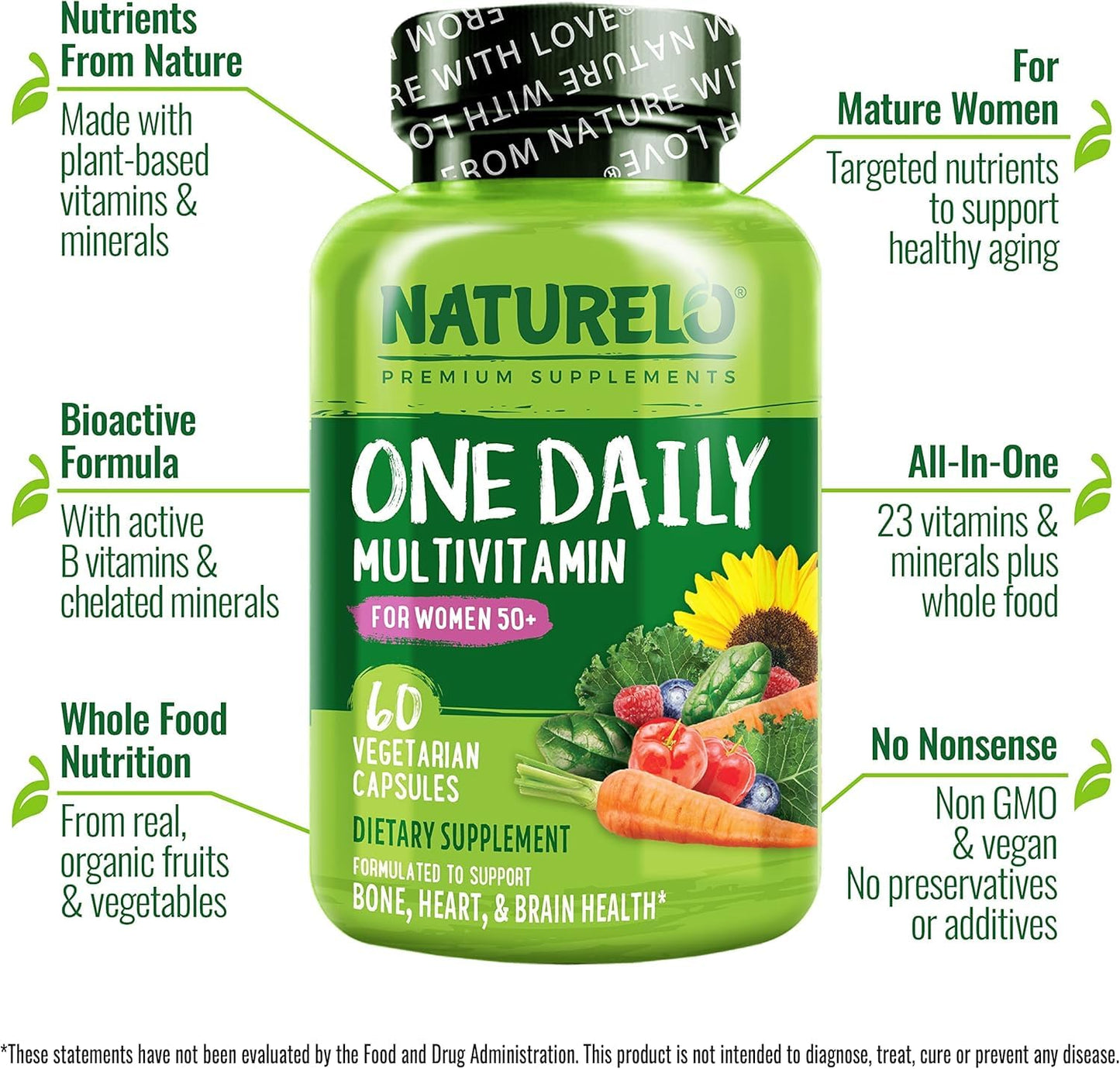 NATURELO One Daily Multivitamin for Women 50+ (Iron Free) - Menopause Support for Women Over 50 - Whole Food Supplement - Non-GMO - No Soy - 60 Capsules - 2 Month Supply