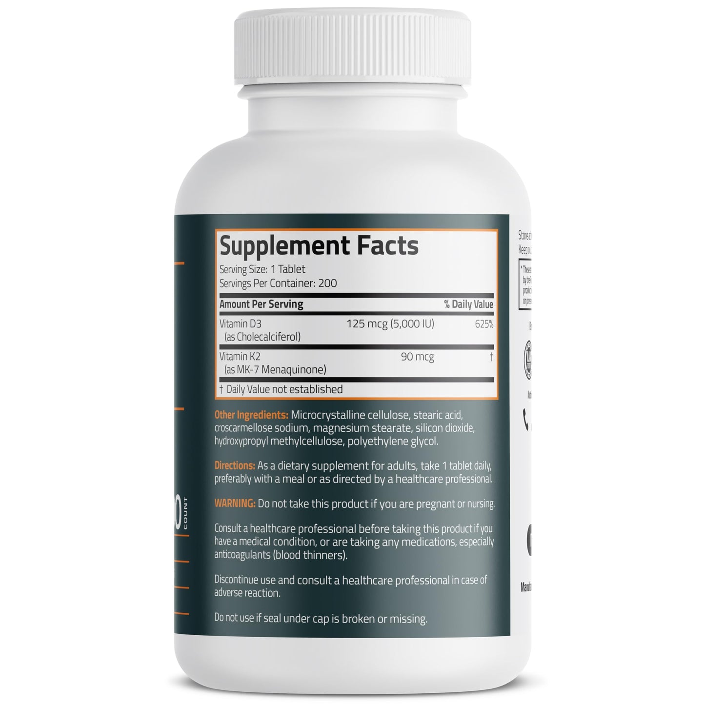 Bronson Vitamin K2 D3 (MK7) Supplement Non-GMO Formula Vitamin D3 5000IU (125 mcg) & 90 mcg K2 MK-7, Easy to Swallow D & K Complex, 120 Tablets