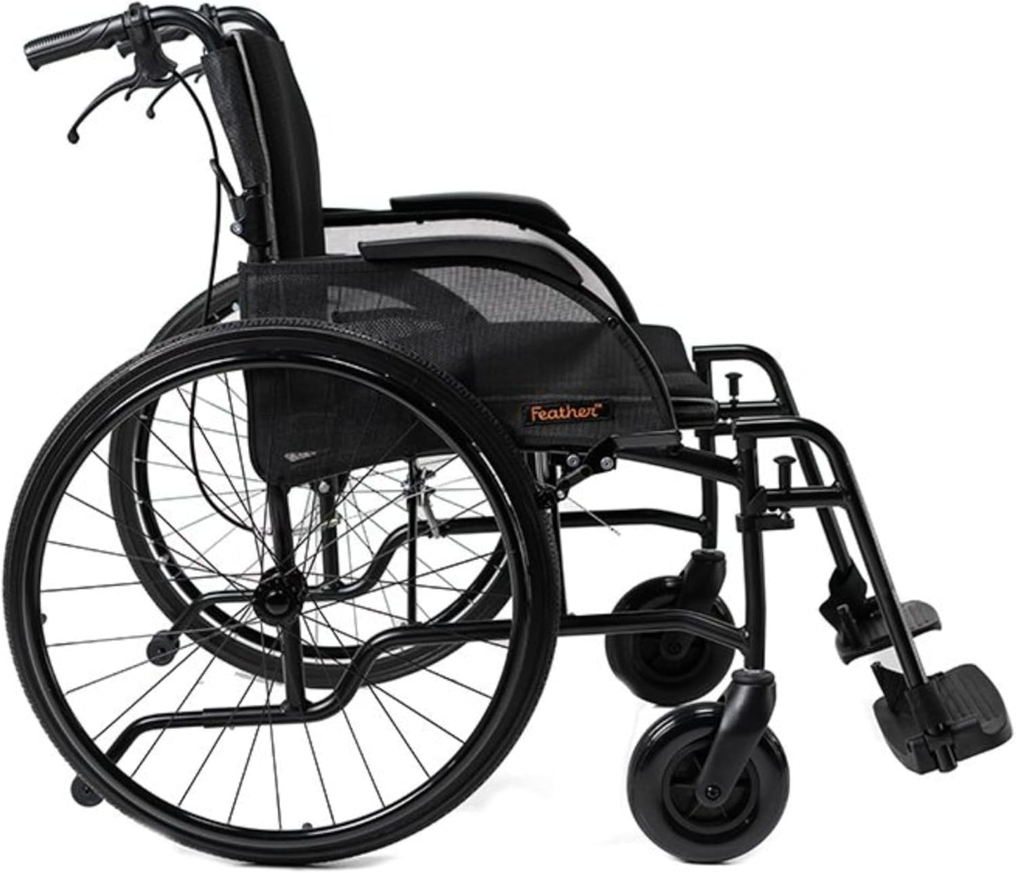 FeatherMobility - Black Lightweight HD Wheelchair 16 lbs - with Swingaway Legrests, Anti-tippers, and Quick Release Wheels - 450 lb Capacity
