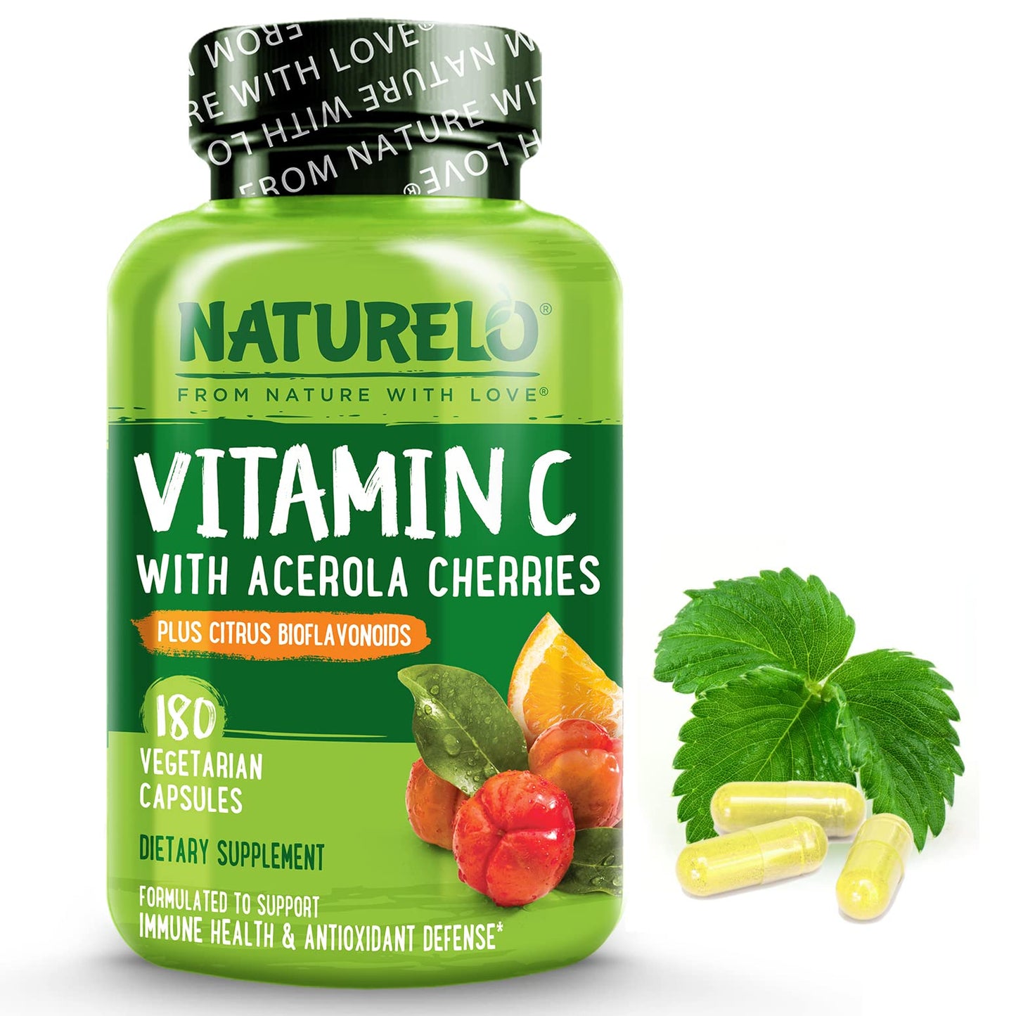 NATURELO Vitamin C with Organic Acerola Cherry Extract and Citrus Bioflavonoids - Vegan Supplement - Immune Support - 500 mg VIT C per Cap - Non-GMO - 90 Capsules