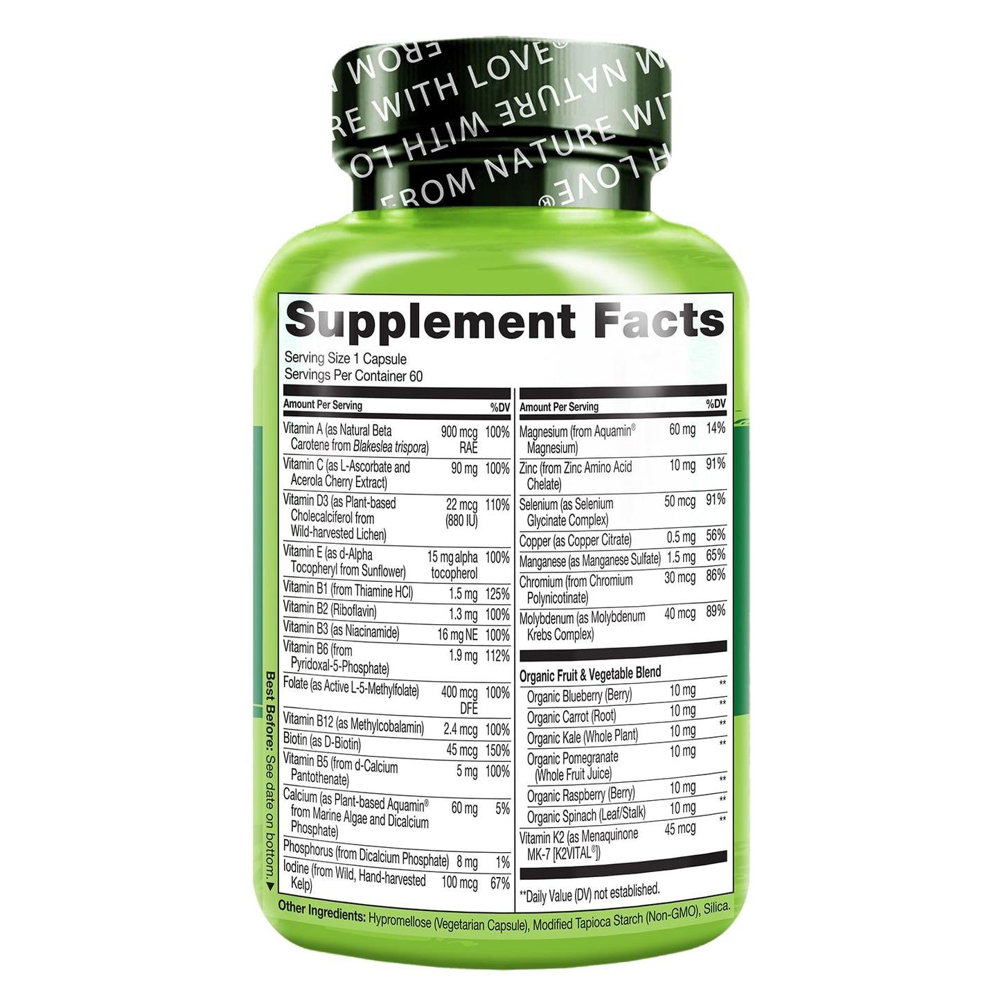 NATURELO One Daily Multivitamin for Women 50+ (Iron Free) - Menopause Support for Women Over 50 - Whole Food Supplement - Non-GMO - No Soy - 60 Capsules - 2 Month Supply