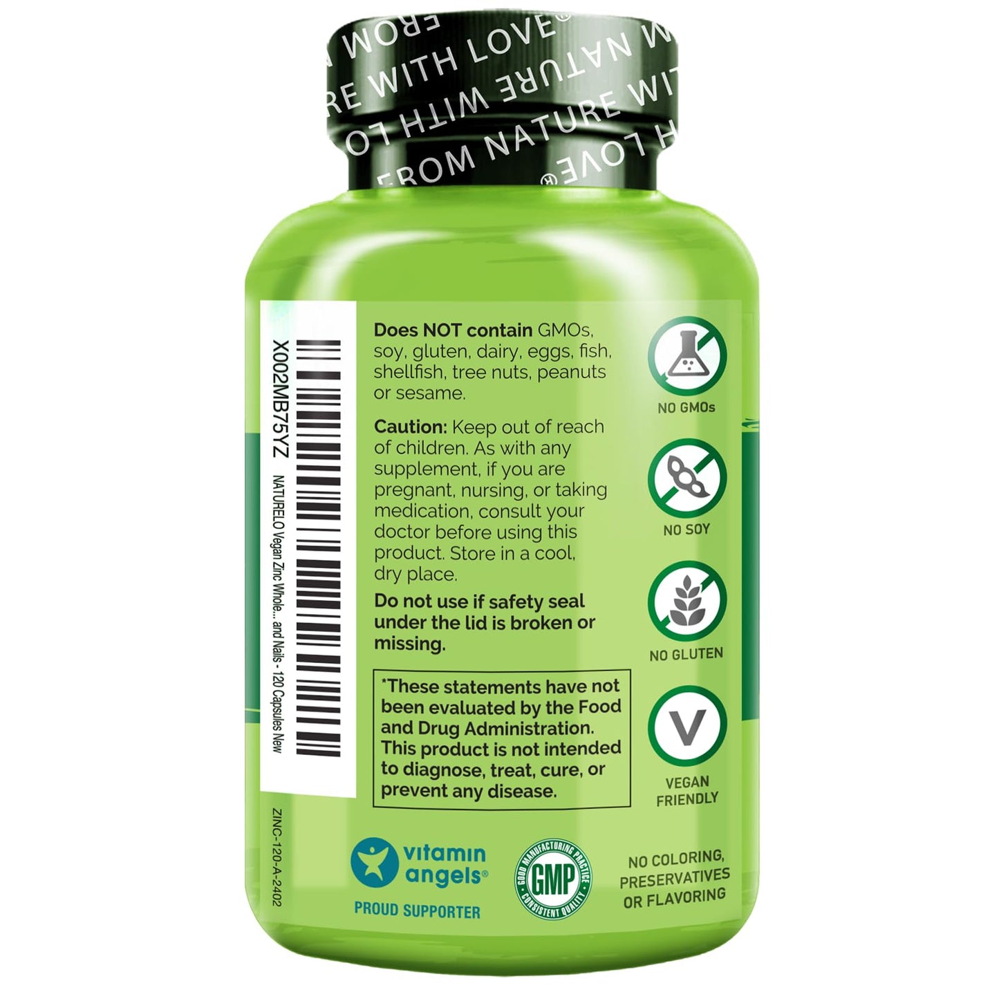 NATURELO Vegan Zinc Immune Support Capsules - Whole Food Complex with Vitamin C for Healthy Skin, Hair, and Nails - 120 Capsules