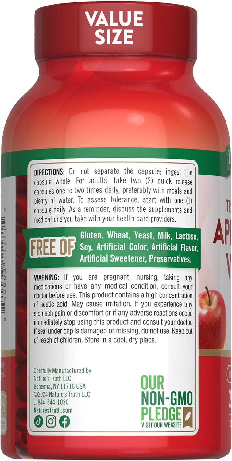 Nature's Truth Apple Cider Vinegar Capsules | 1200mg | 200 Pills | Extra Strength | Value Size | Non-GMO, Gluten Free Supplement