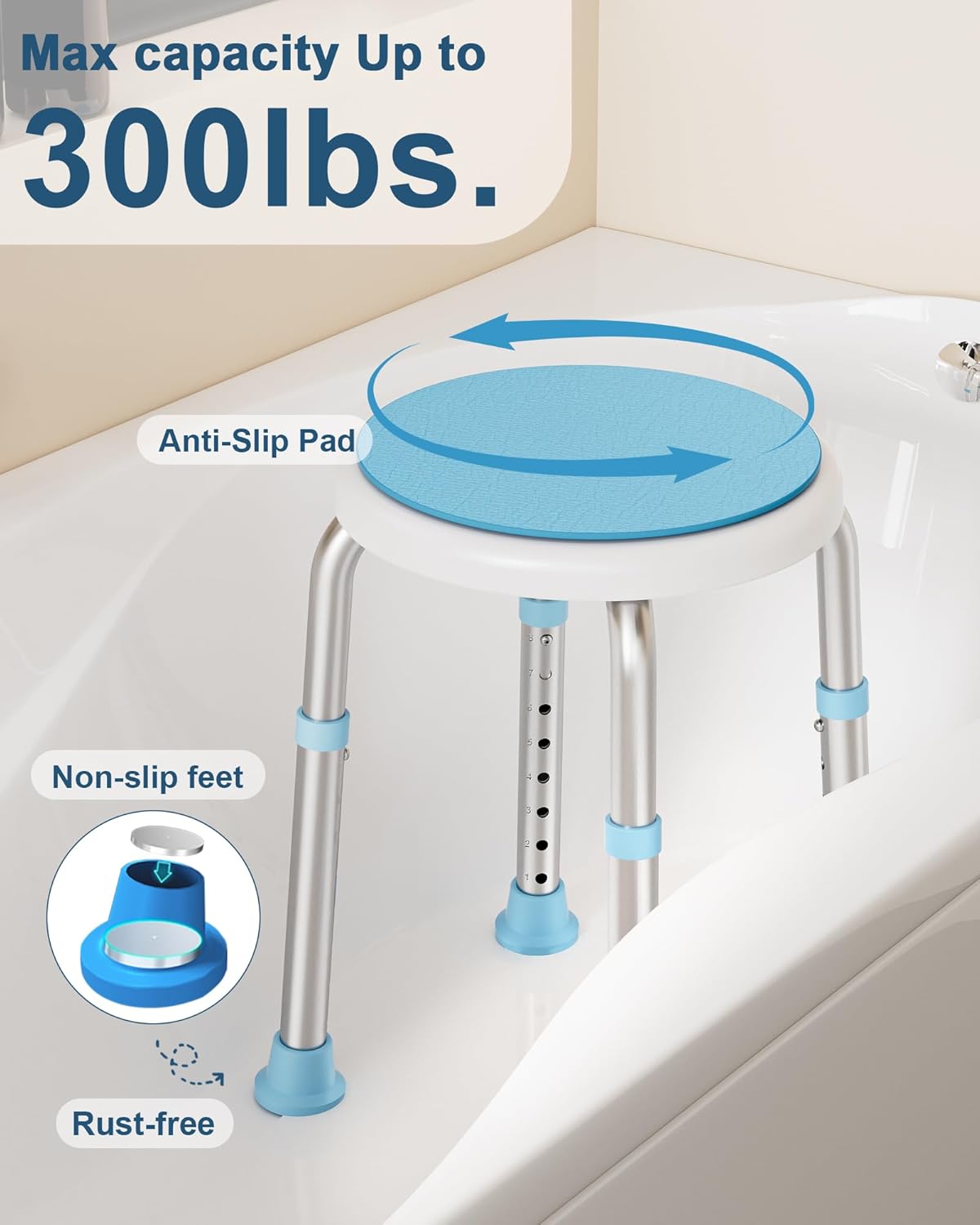 Swivel Shower Chair, FSA/HSA Eligible Adjustable Round Stool With Back Scrubber, Seat for Inside Tub Bathroom Bench Bath Chair for Elderly and Disabled