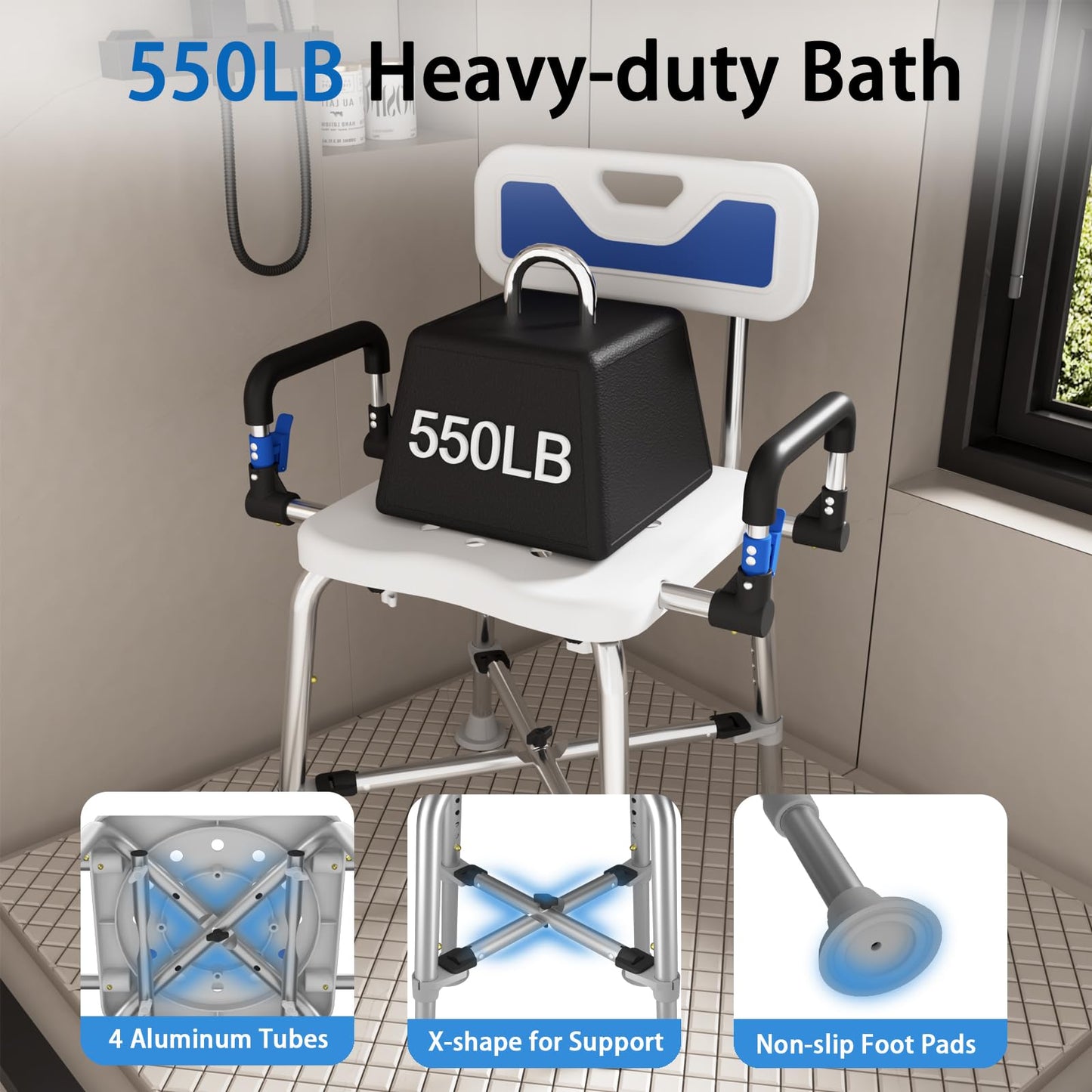 Swive Shower Chair with Arms and Back Heavy Duty 500 lbs for Seniors Elderly Disabled or Bariatric Adults Bench Seat for Inside Shower Stall and Bathroom Bath Tub Seats Adjustable Stool