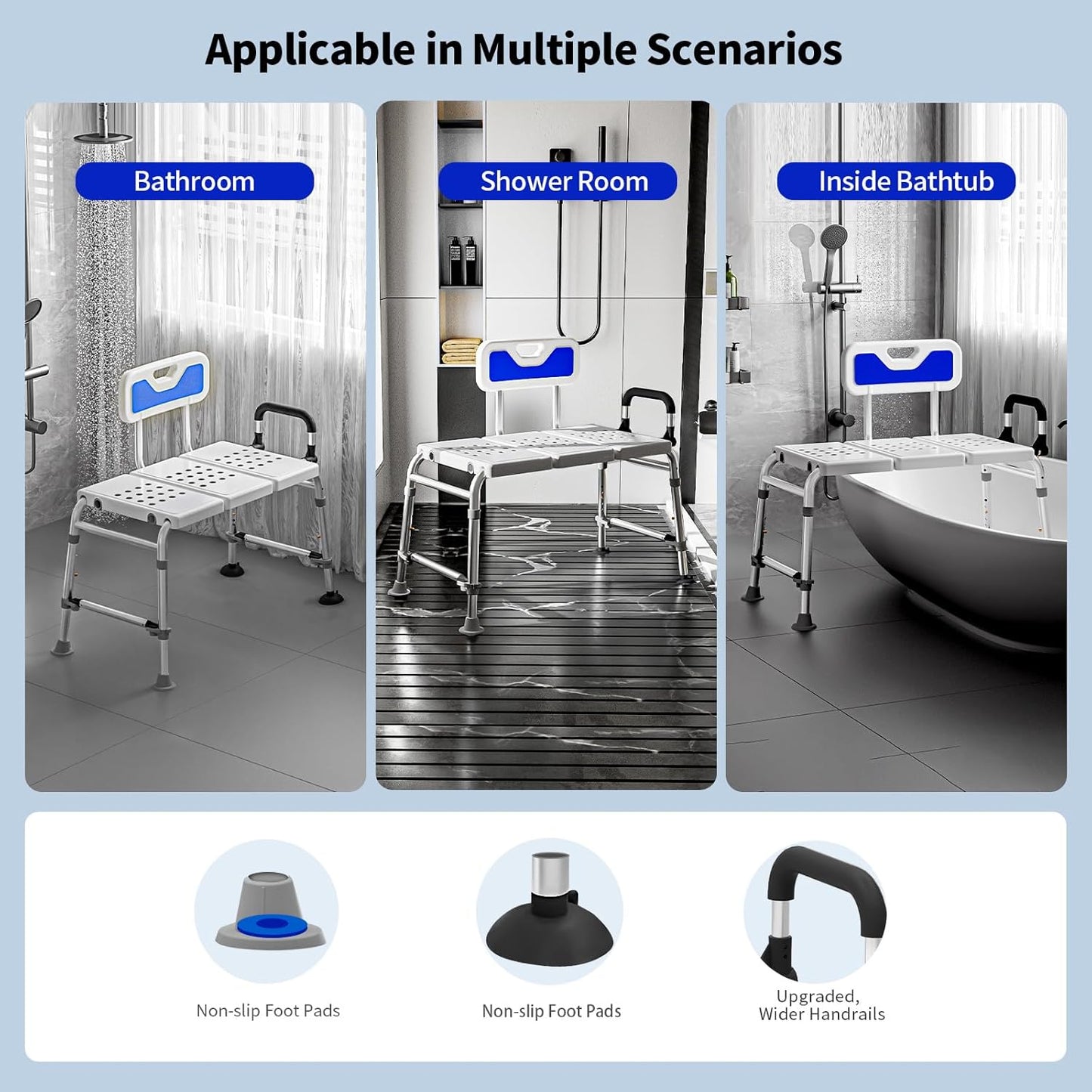 Extended Bath Tub Transfer Shower Bench for Inside Shower Bathtub to Sit On Chair Bathtubs Safety Seating Stool for Adults Handicap Seniors Elderly Disabled with Back Arms Bathroom Shower Stall