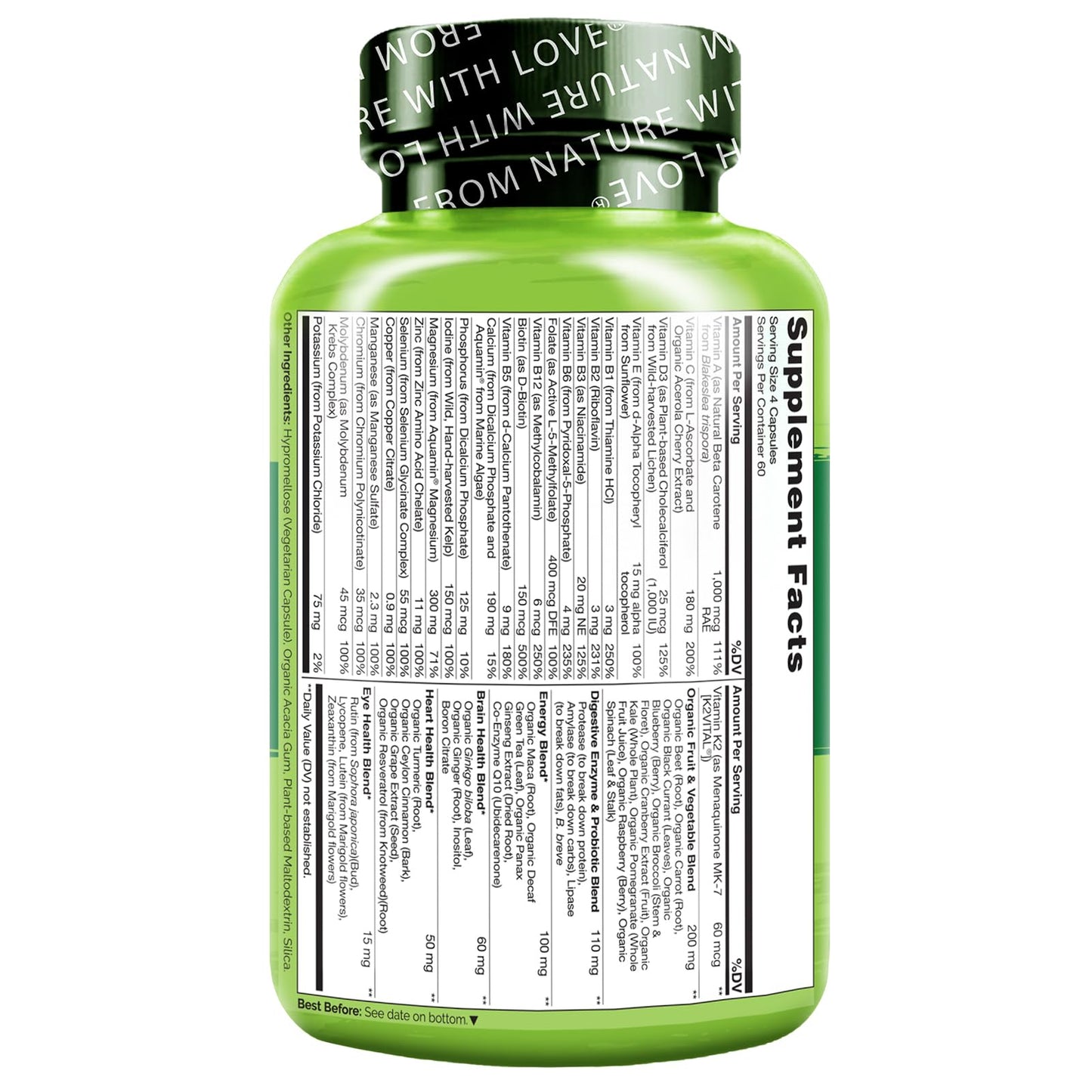 NATURELO Mens Multivitamins - Whole Food Multivitamin for Men with Vitamins, Minerals - 120 Vegetarian Capsules for Energy, Brain, Heart, Eye Health*