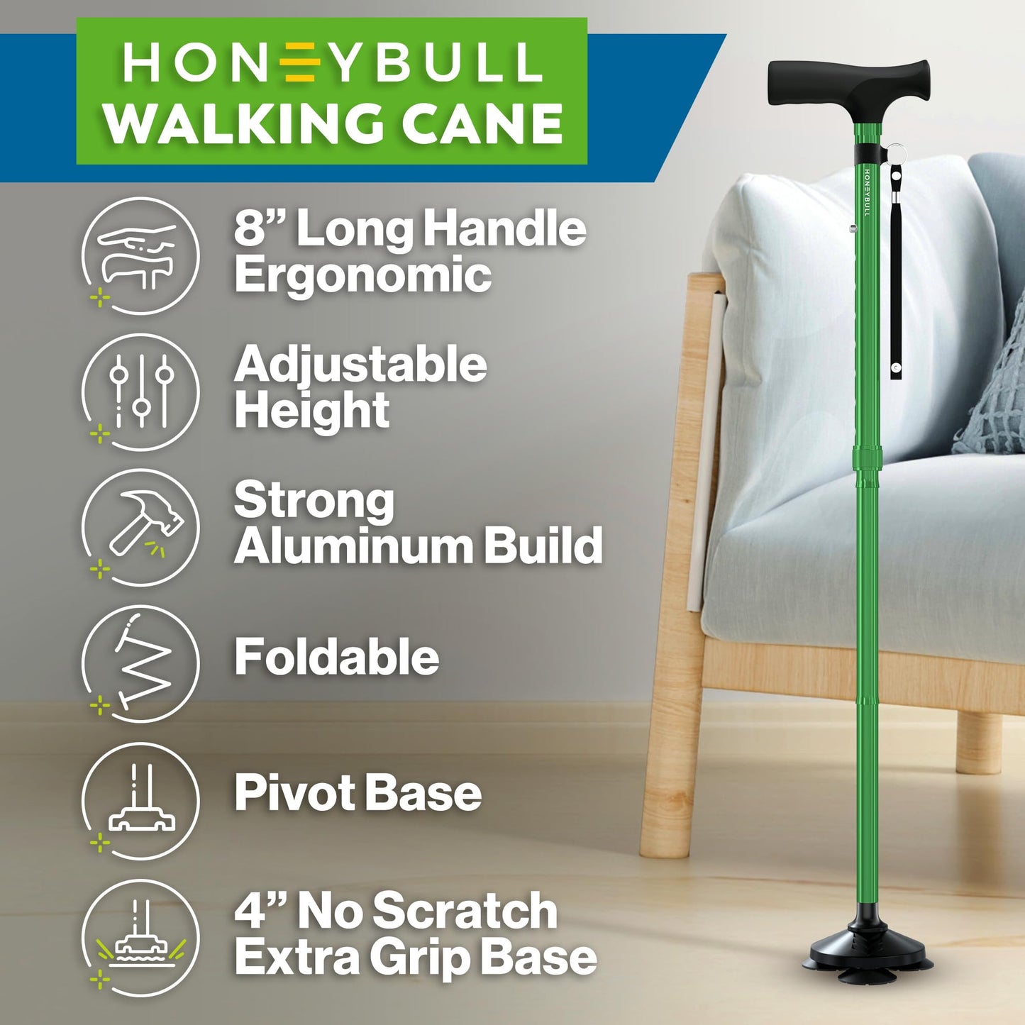 HONEYBULL Walking Cane for Men & Women – Foldable, Adjustable & Heavy-Duty Mobility Aid