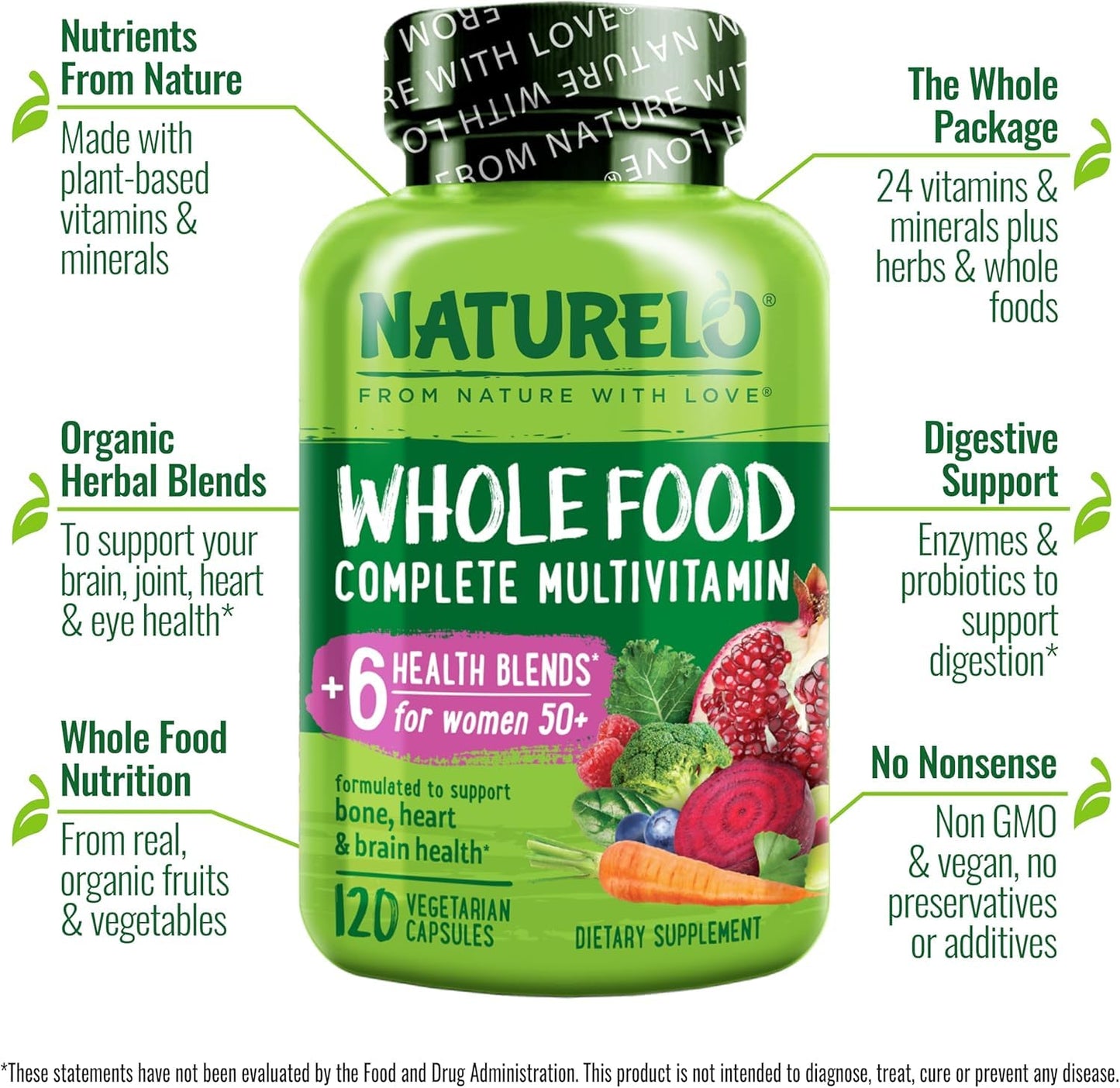 NATURELO Whole Food Multivitamin for Women 50+ (Iron Free) with Vitamins, Minerals, & Organic Extracts - Supplement for Post Menopausal Women Over 50 - No GMO - 120 Vegan Capsules