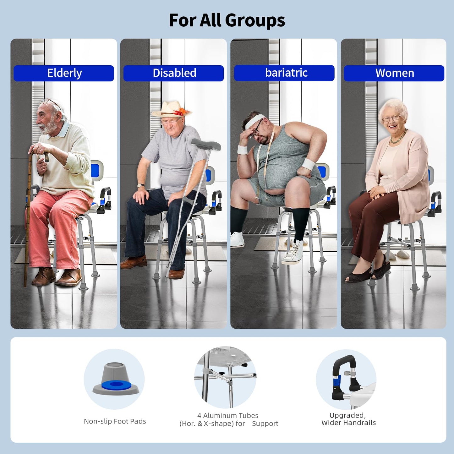 Swive Shower Chair with Arms and Back Heavy Duty 500 lbs for Seniors Elderly Disabled or Bariatric Adults Bench Seat for Inside Shower Stall and Bathroom Bath Tub Seats Adjustable Stool