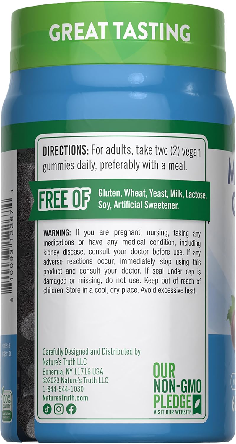 Nature's Truth Magnesium Glycinate Gummies for Adults | 200mg | 60 Count | Vegan, Non-GMO & Gluten Free Supplement | Grape Flavor