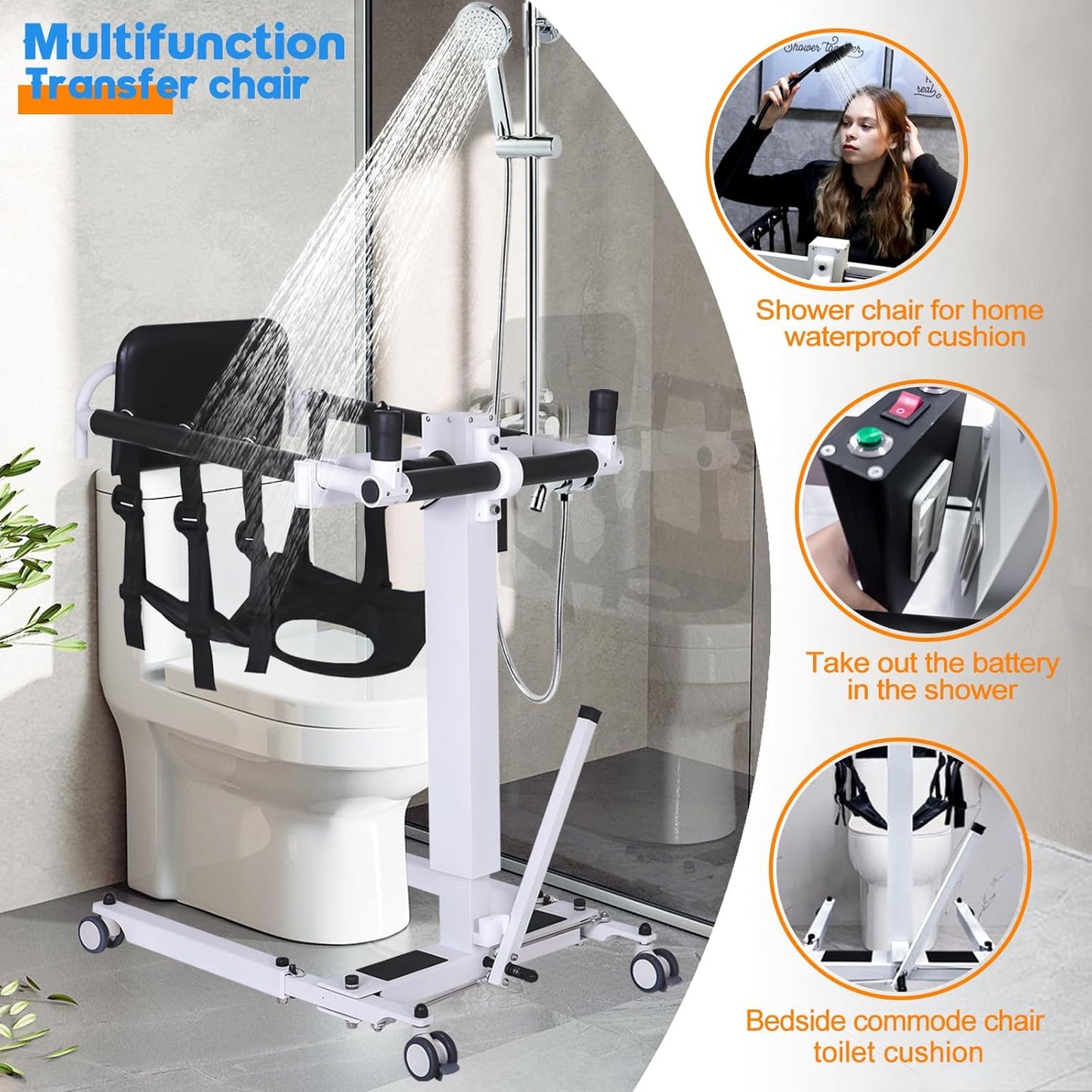 Electric Patient Lift Transfer Wheelchair,Portable Patient Lift Transfer Chair for Home,Foldable Transfer Lift Chair for Car,Shower Toilet Chair with Arms and Back for Seniors