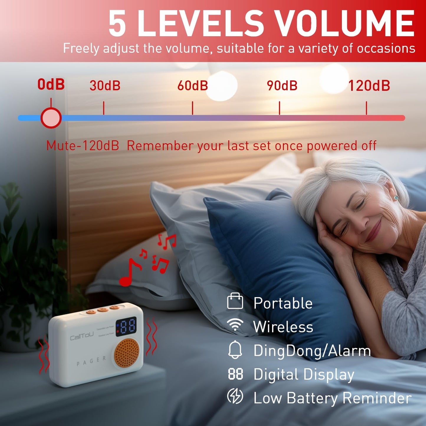 CallToU Bed Alarm for Elderly Adults Wireless Motion Sensor Alarm for Seniors Indoor Motion Detector for Dementia Caregiver Alarm&Fall Prevention System with Vibrate Digital Display Low Battery Remind