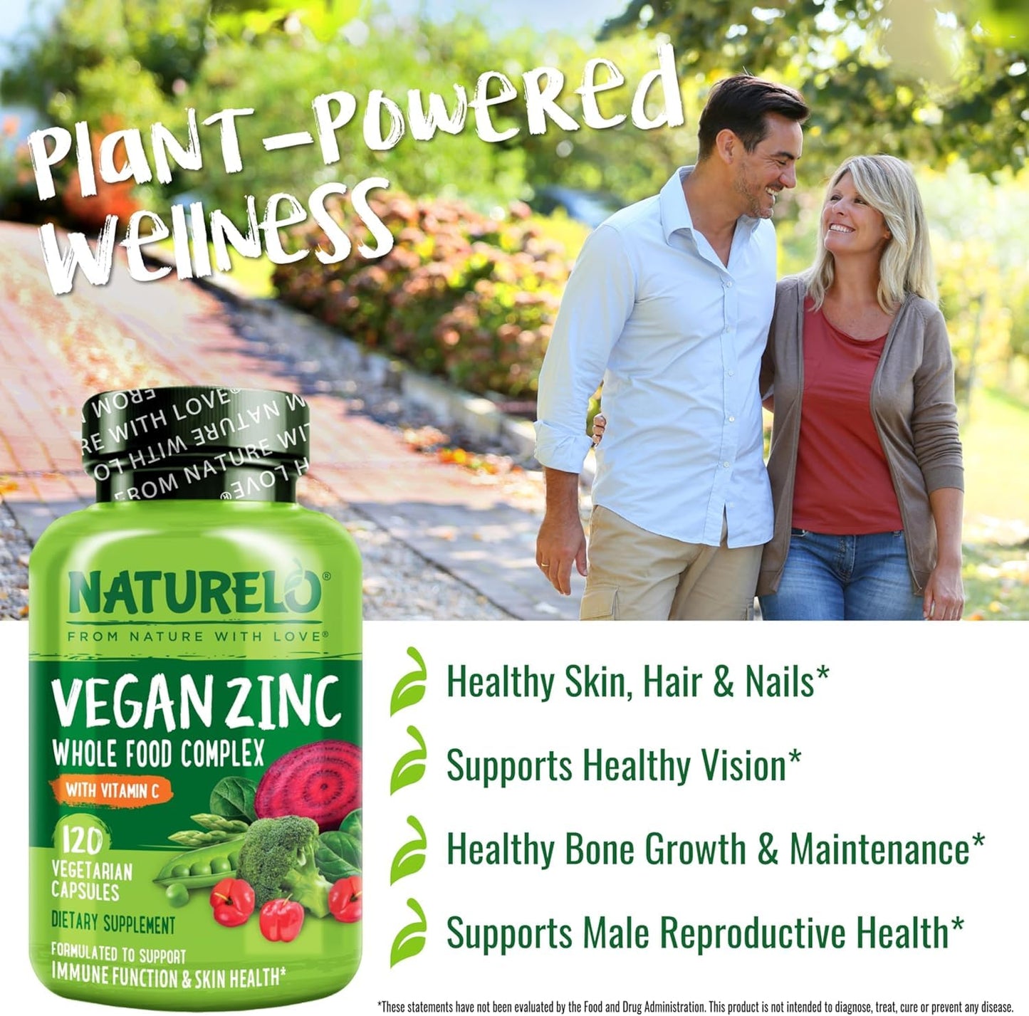 NATURELO Vegan Zinc Immune Support Capsules - Whole Food Complex with Vitamin C for Healthy Skin, Hair, and Nails - 120 Capsules