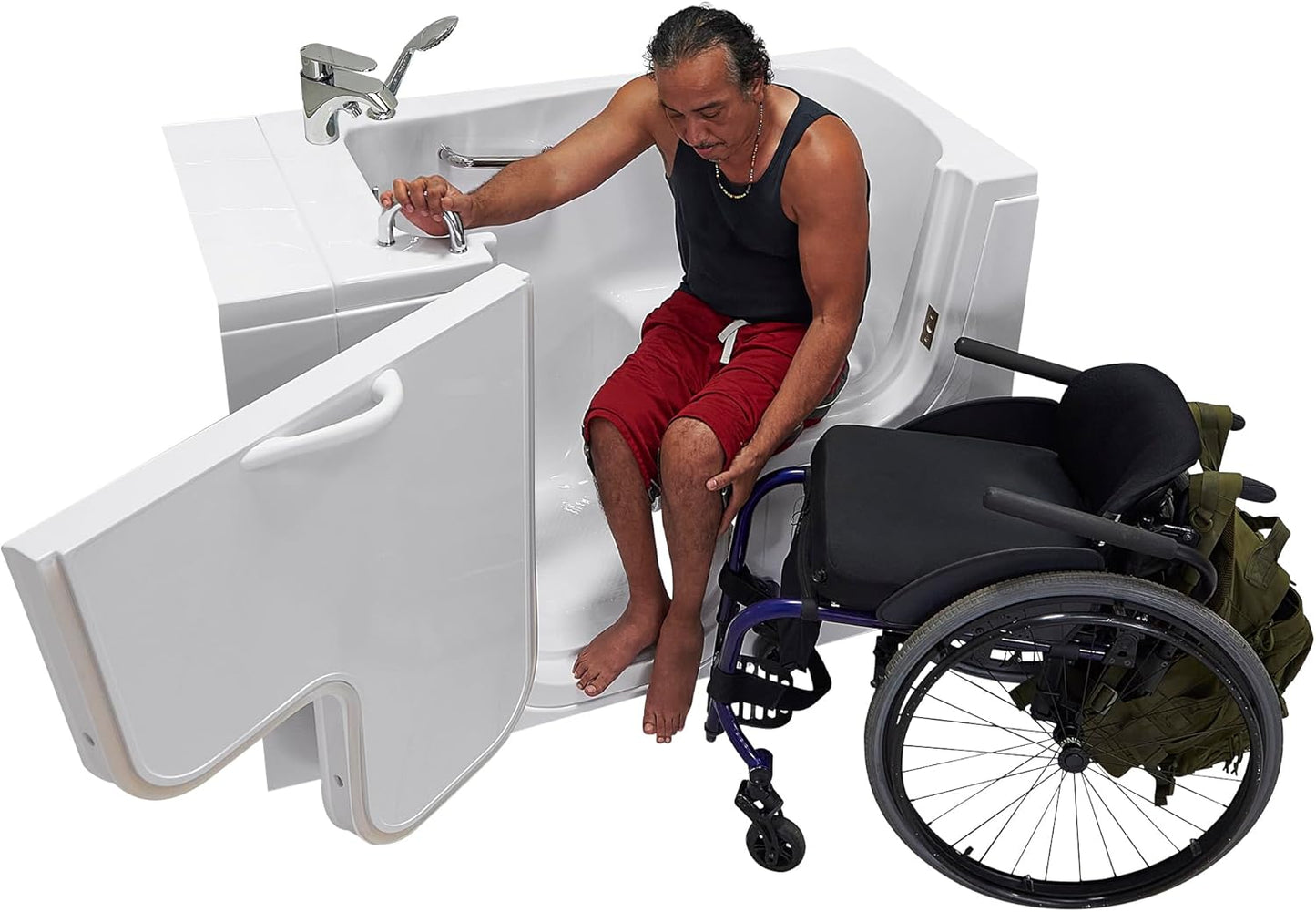 Ella Wheelchair Transfer 26"x52" Acrylic Soaking Walk-In-Bathtub, Left Outward Swing Door, Heated Seat, 2 Piece Fast Fill Faucet, 2" Dual Drain