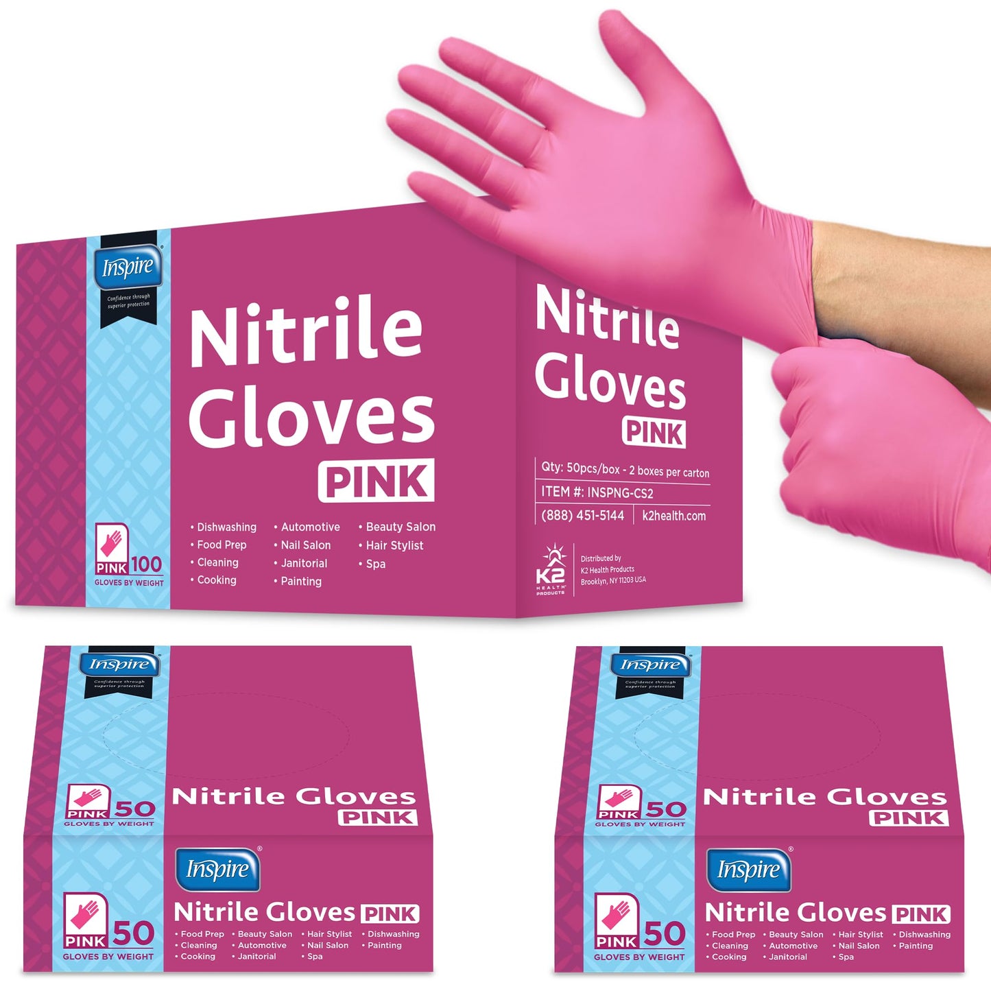 Inspire Pink Disposable Nitrile Gloves - Hair & Nail Salon, Esthetician Use
