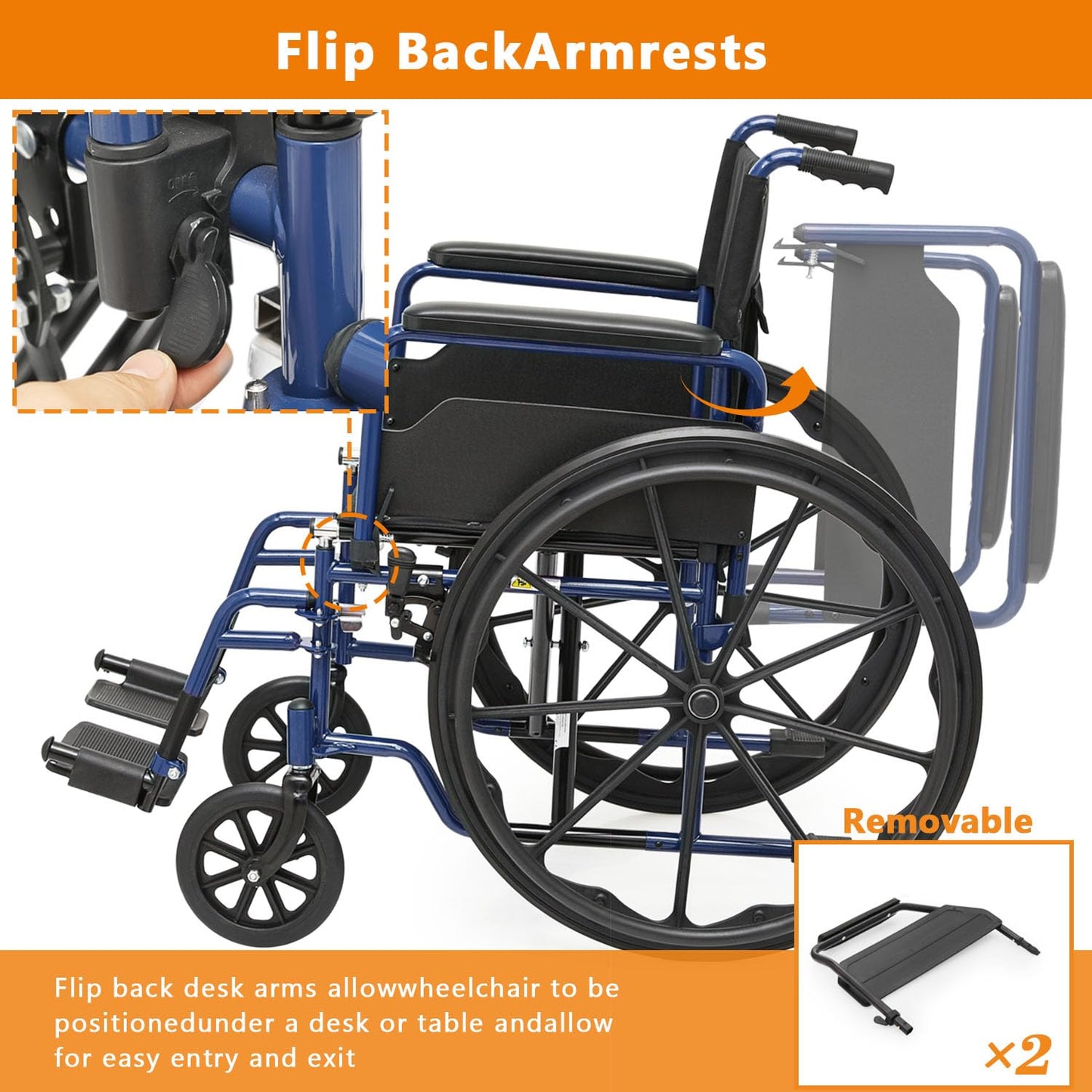 Wheelchair, Folding Transport Wheelchair with Swing-Away Foot Rest and Removable Flip Back Armrests, 18" Wide Seat for Adults Seniors Transfers, 300lbs, Black