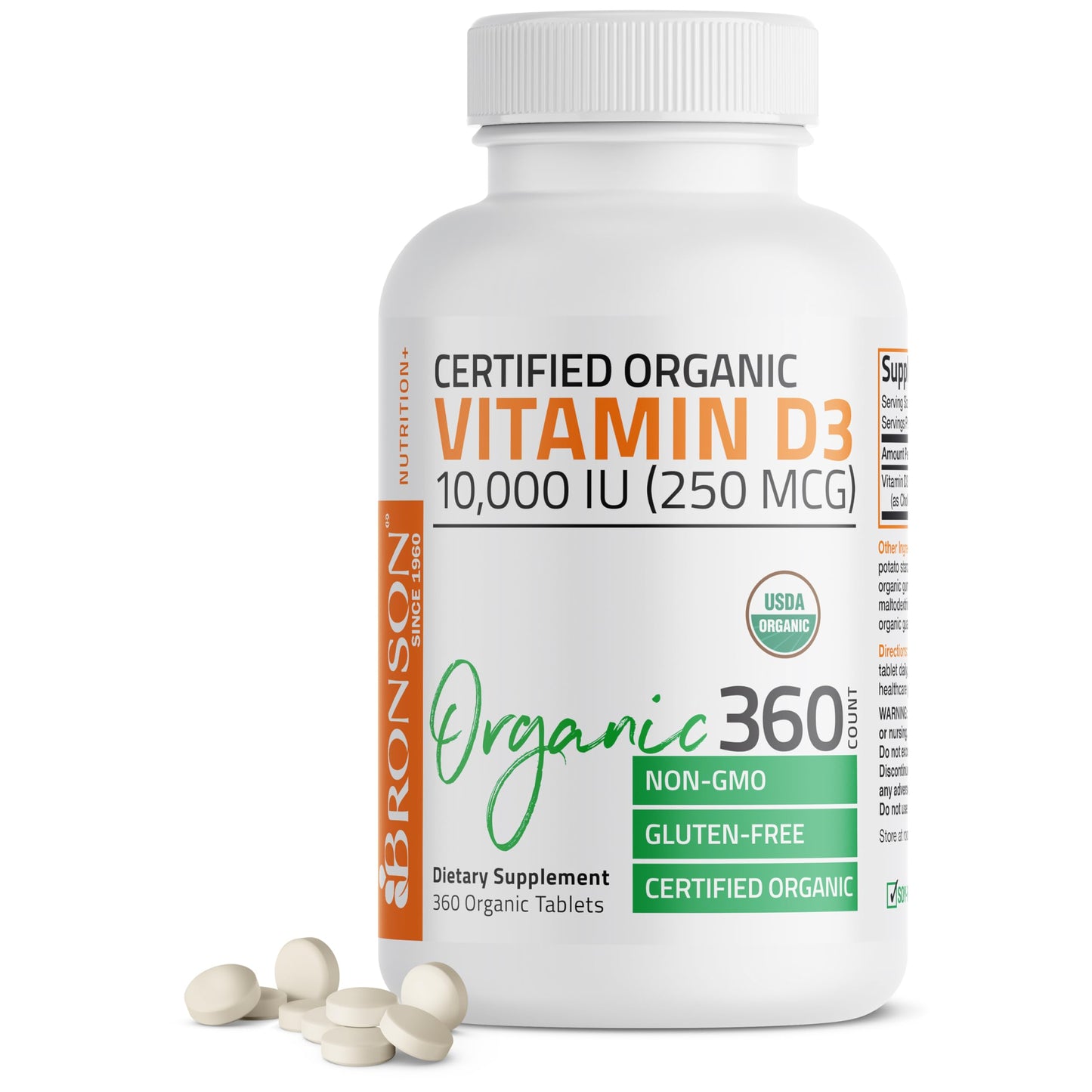 Bronson Vitamin D3 10,000 IU (250 mcg) Immune Support, Healthy Muscle Function & Bone Health, High Potency Organic Non-GMO Vitamin D Supplement, 360 Tablets