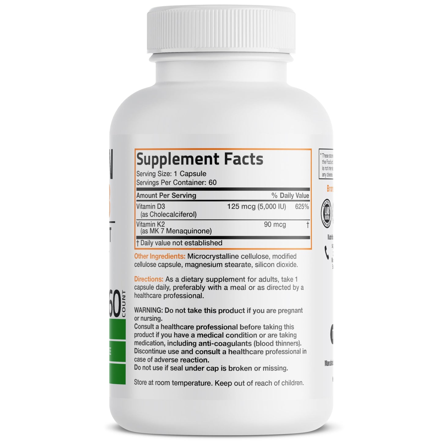 Bronson Vitamin K2 (MK7) with D3 Supplement Non-GMO Formula 5000 IU Vitamin D3 & 90 mcg K2 MK-7 Easy to Swallow D & K Complex, 120 Capsules