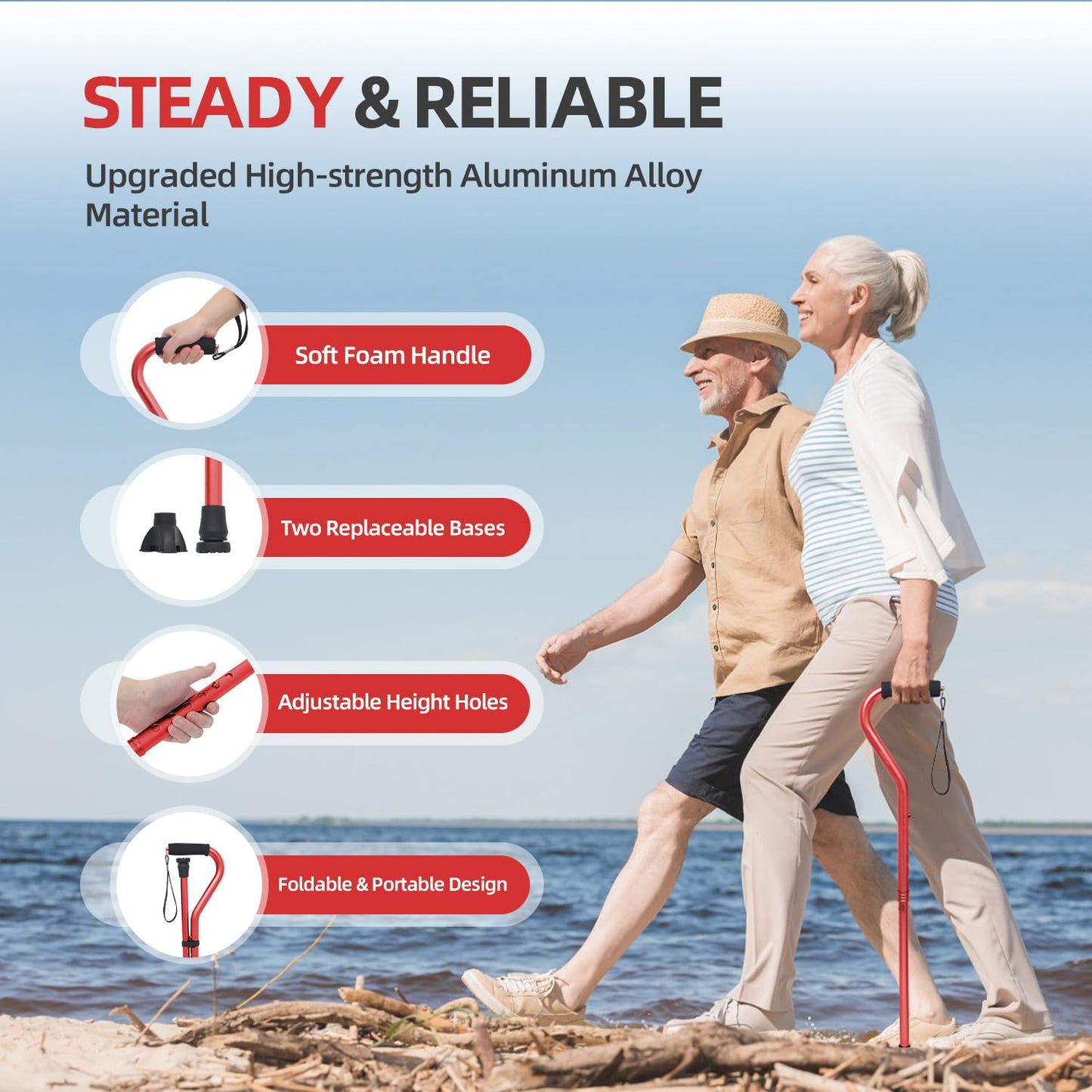 BeneCane Walking Cane for Men & Women Adjustable Cane with Offset Soft Cushioned Handle -Portable Lightweight Sturdy Mobility Walker Aid for Elderly, Seniors Collapsible Cane