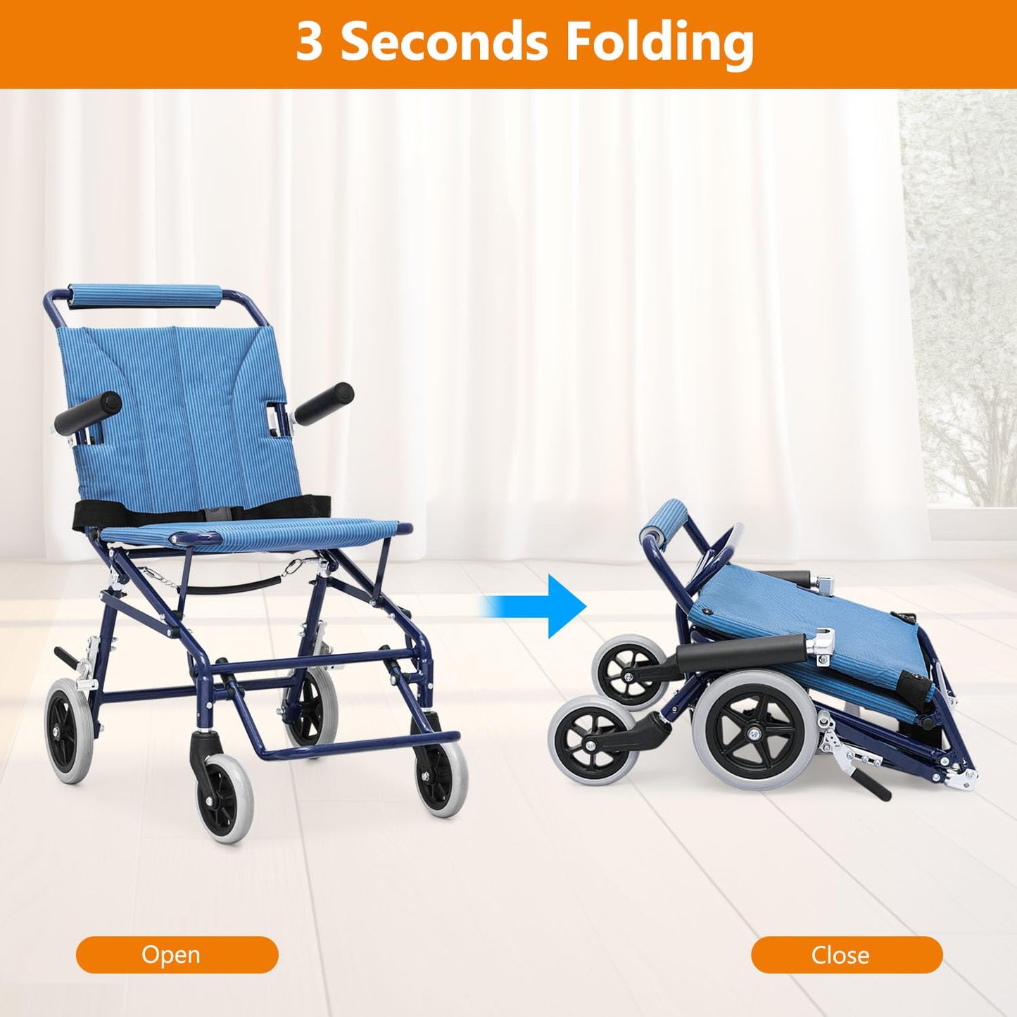 Lightweight Foldable Transport Wheelchair with Flip Back Armrest and Foldable Pedal, 18" Wide Seat for Adults Seniors Easy Transfers, 250lbs, Blue