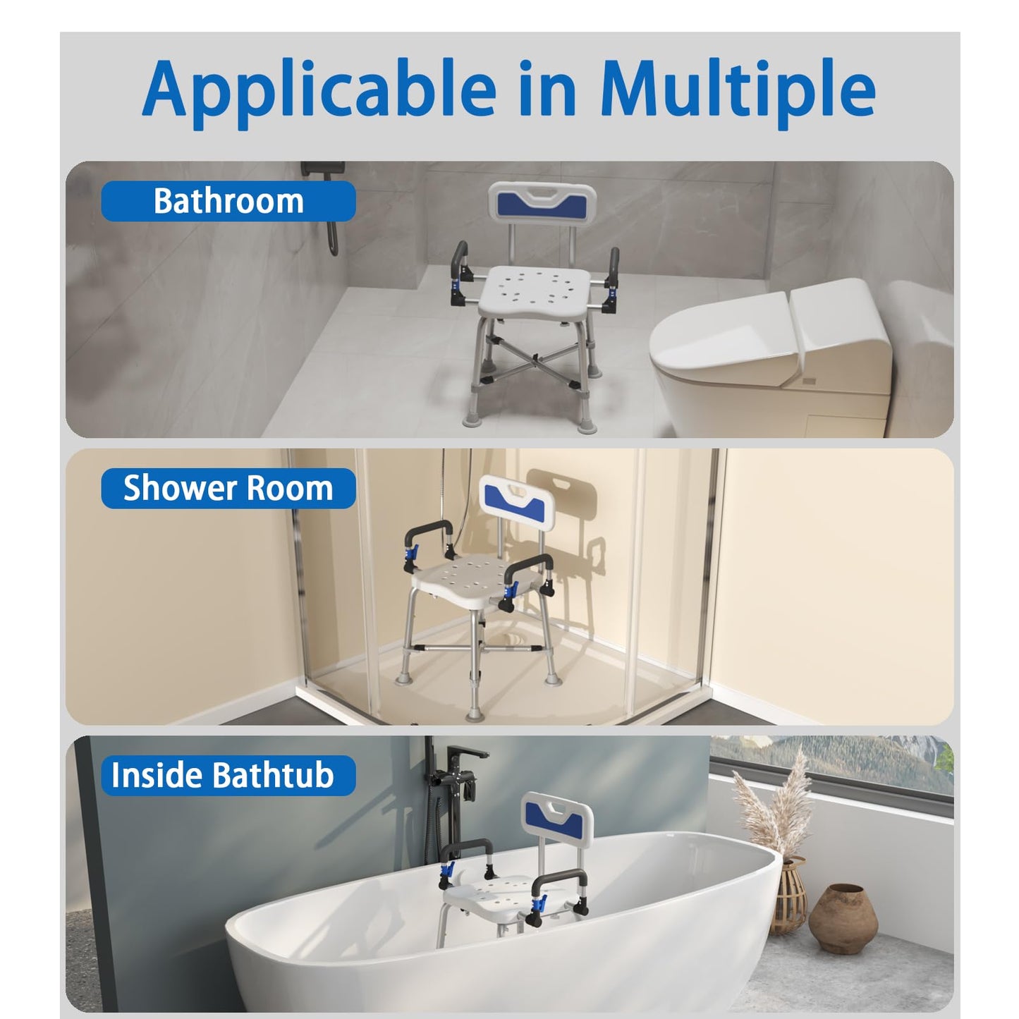 Swive Shower Chair with Arms and Back Heavy Duty 500 lbs for Seniors Elderly Disabled or Bariatric Adults Bench Seat for Inside Shower Stall and Bathroom Bath Tub Seats Adjustable Stool