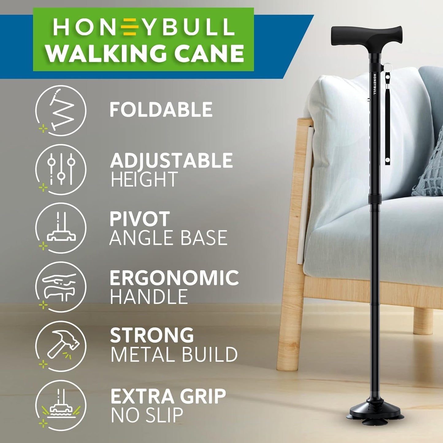 HONEYBULL Walking Cane for Men & Women – Foldable, Adjustable & Heavy-Duty Mobility Aid