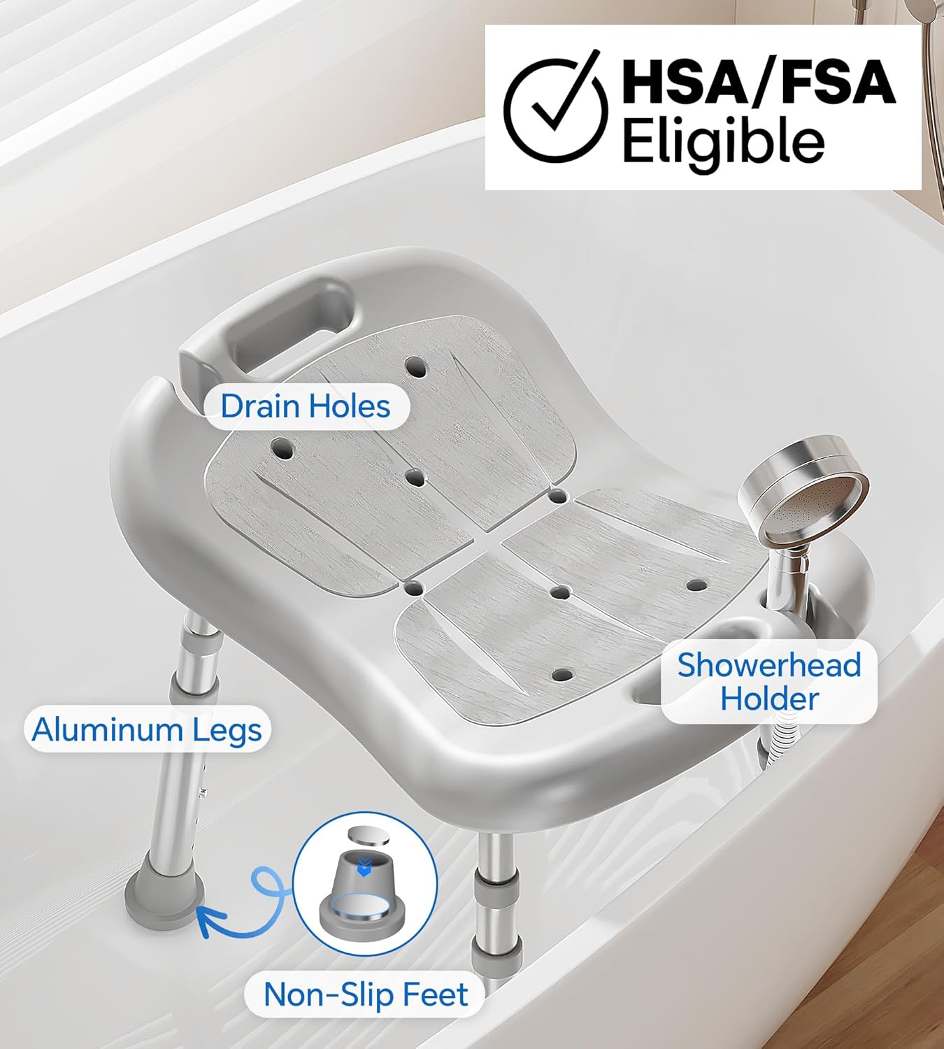 Shower Chair for Inside Shower, FSA/HSA Eligible, Adjustable Shower Stool with Strong Non-Slip Feet, 350 lbs Shower Seat for Inside Tub, Bench Bath Chair for Elderly and Disabled, Grey