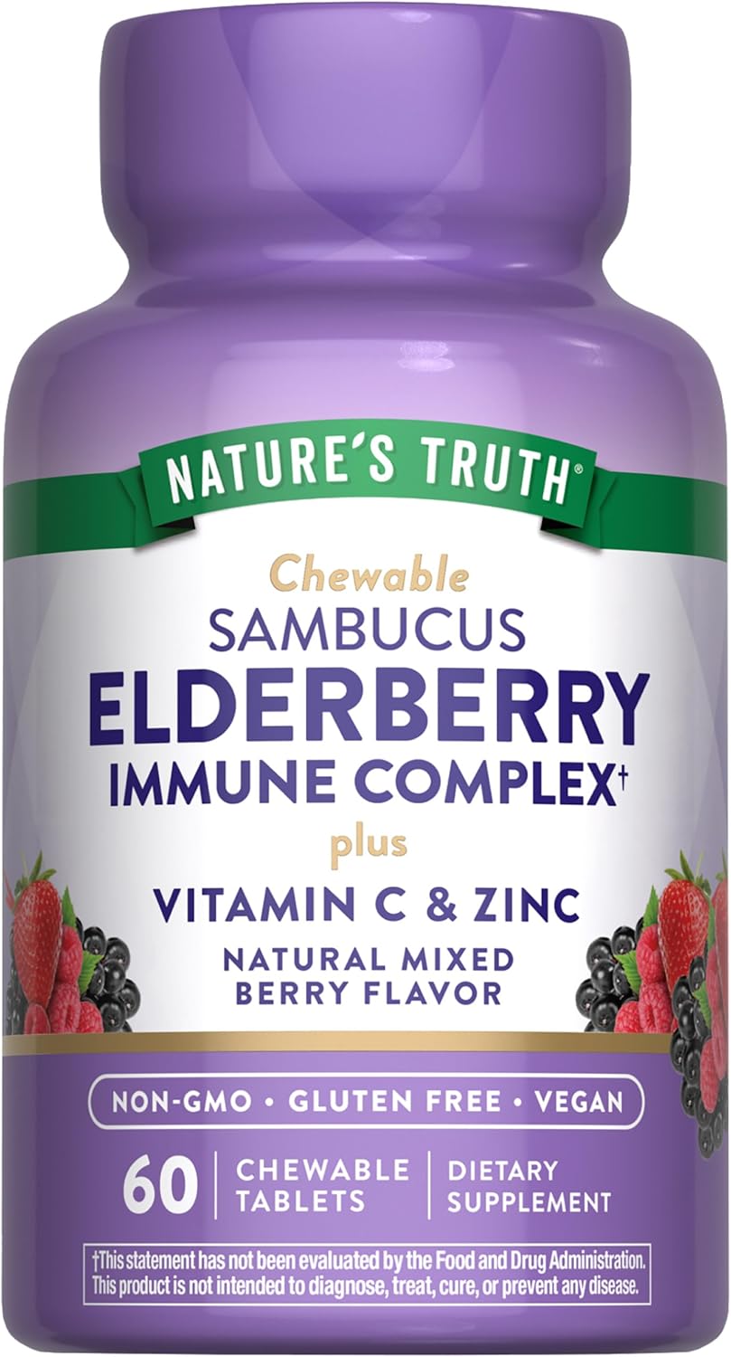 Nature's Truth Elderberry Immune Complex | 60 Chewable Tablets | Plus Vitamin C & Zinc | Mixed Berry | Vegan, Non-GMO, & Gluten Free Supplement