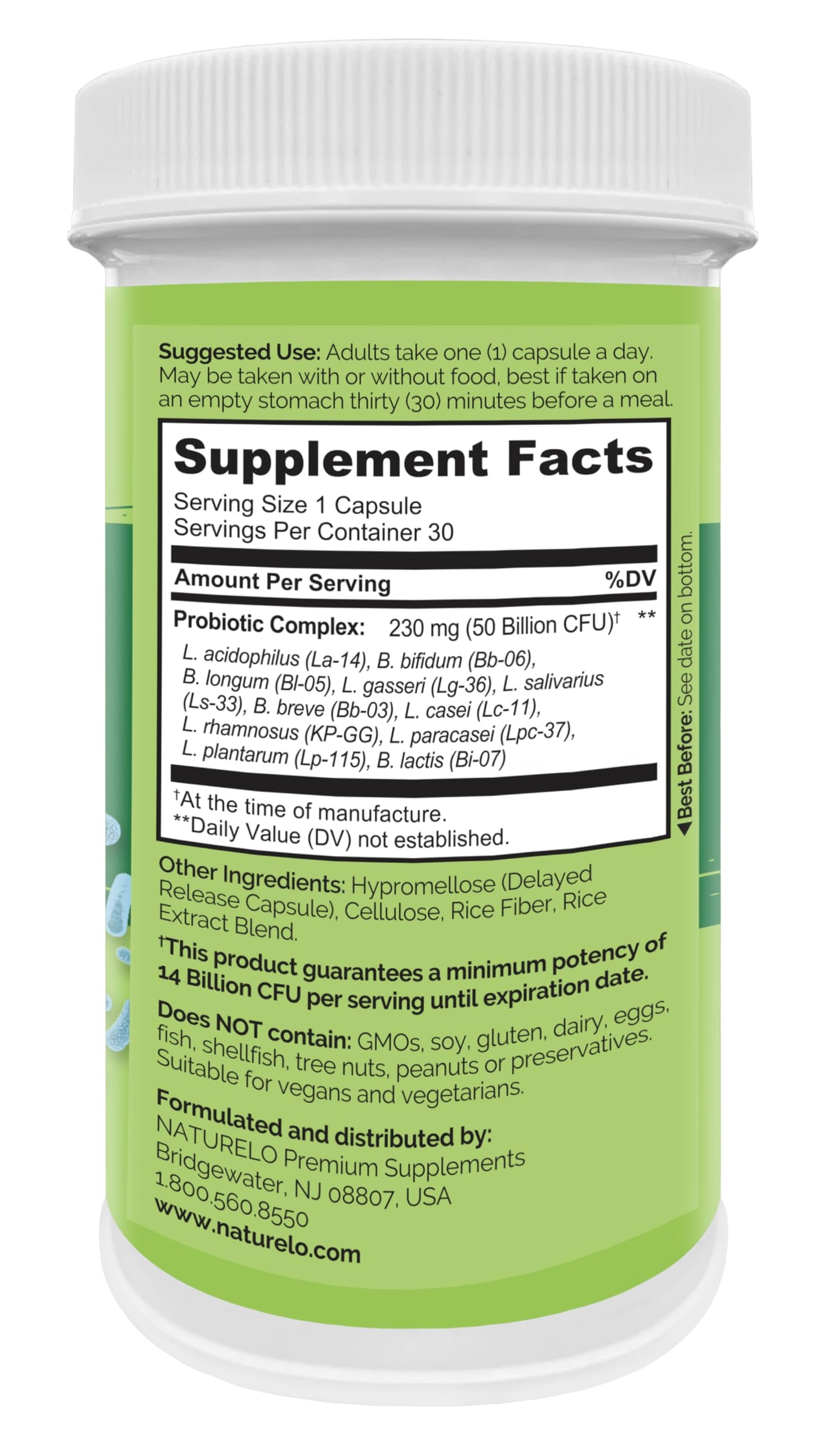 NATURELO Probiotics for Digestive Health - 50 Billion CFU, 11 Strains Daily Supplement - Boosts Immune System, Delayed Release, 60 Vegetarian Capsules