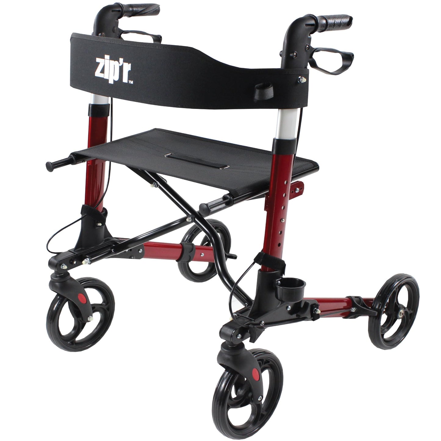 Zip'r Rambler Walker With Seat - Sturdy Rollator for Seniors, Lightweight 4 Wheel Walker, 300 lbs Max Weight, Folding, Red