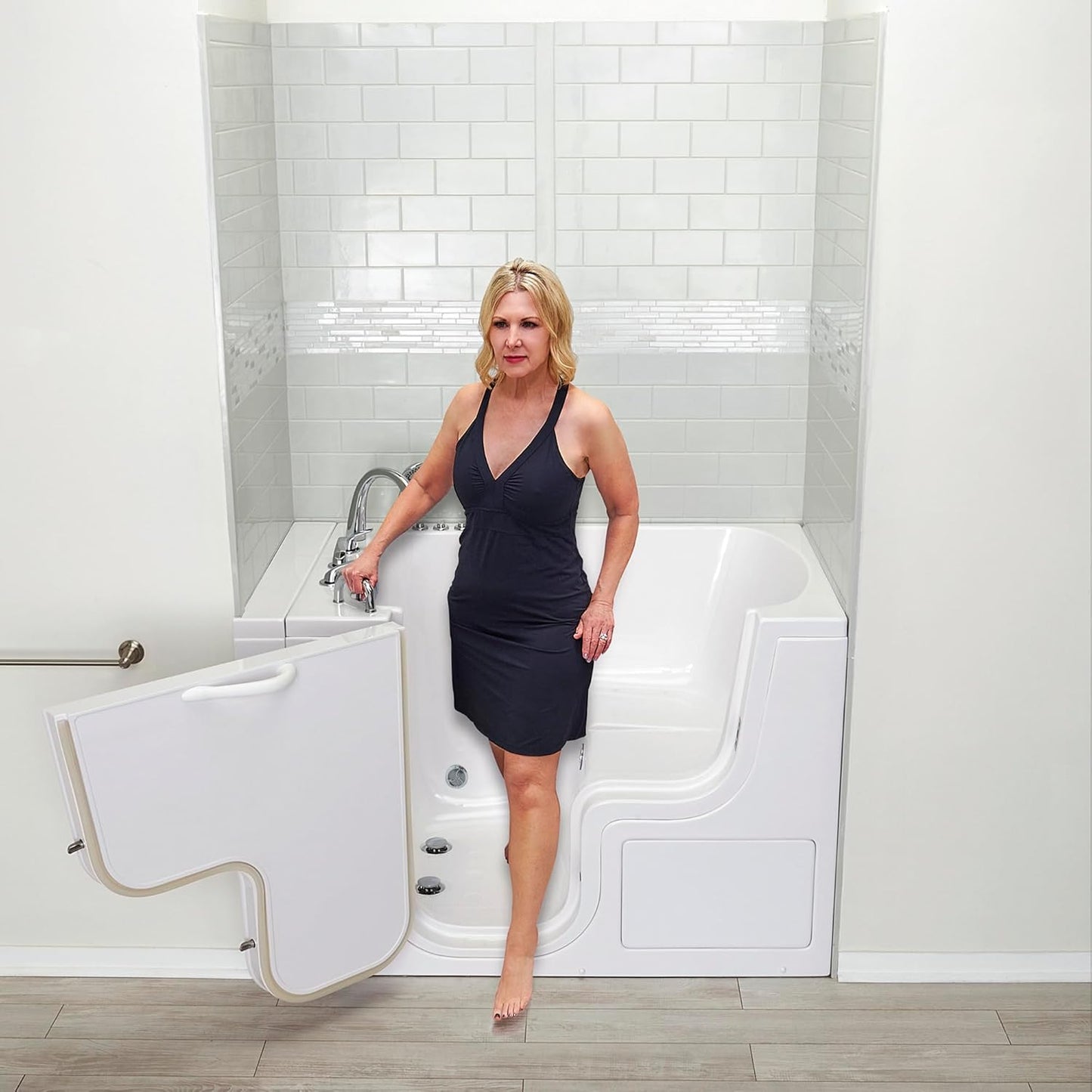 Ella Wheelchair Transfer 36"x55" Acrylic Hydro Massage w/Independent Foot Massage Walk-In Bathtub, Left Door, 5 Piece Fast Fill Faucet, 2" Dual Drain