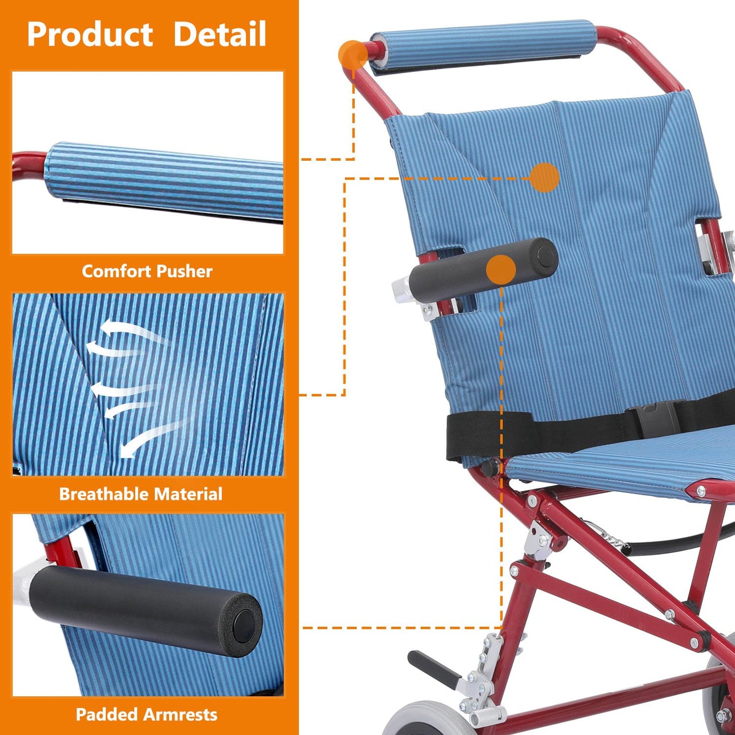 Lightweight Foldable Transport Wheelchair with Flip Back Armrest and Foldable Pedal, 18" Wide Seat for Adults Seniors Easy Transfers, 250lbs, Blue