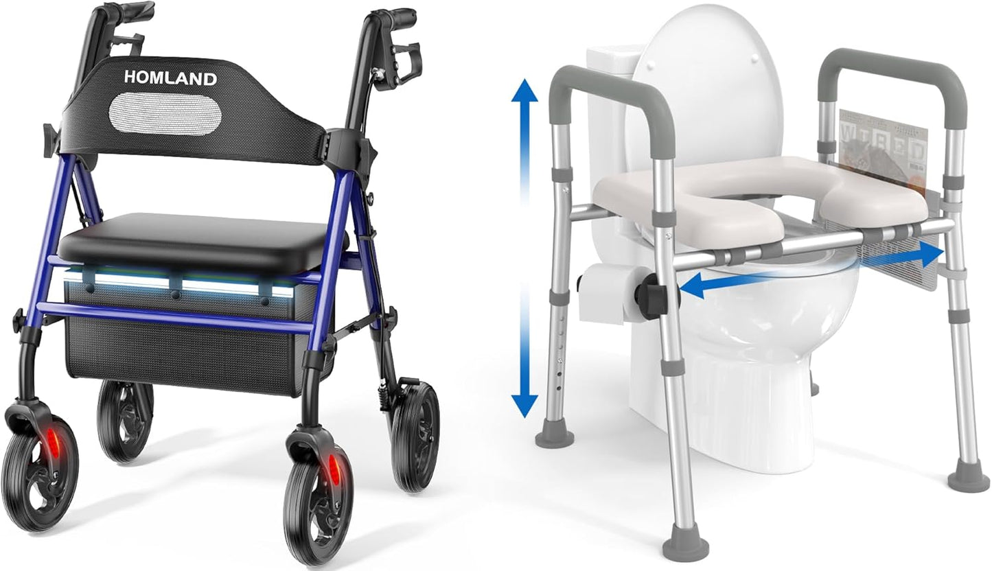 Rollator Walker with Seat and Raised Toilet Seat with Handles