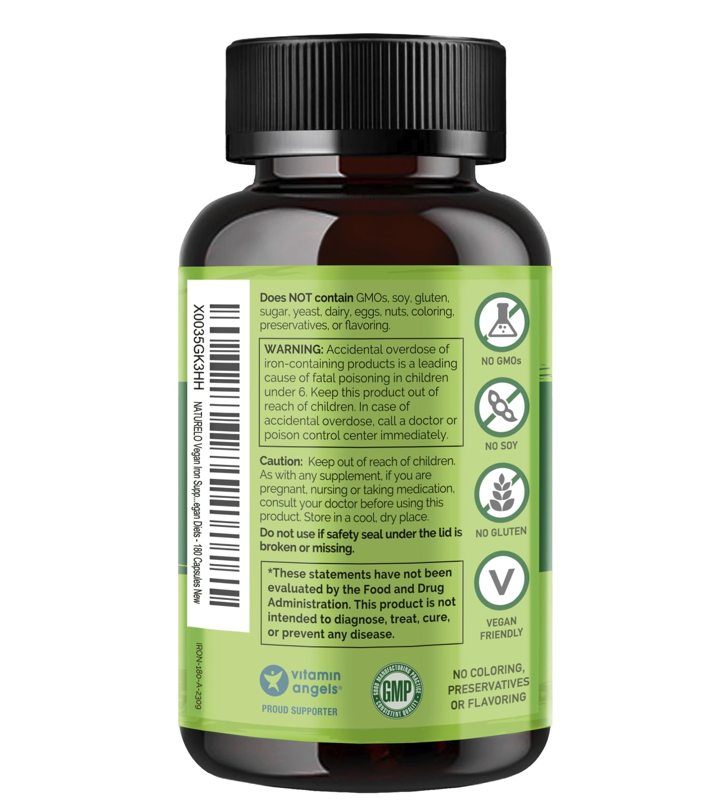 NATURELO Vegan Iron Supplement with Vitamin C and Organic Whole Foods - Gentle Iron Pills for Women & Men with Iron Deficiency Including Pregnancy, Anemia and Vegan Diets - 90 Mini Capsules