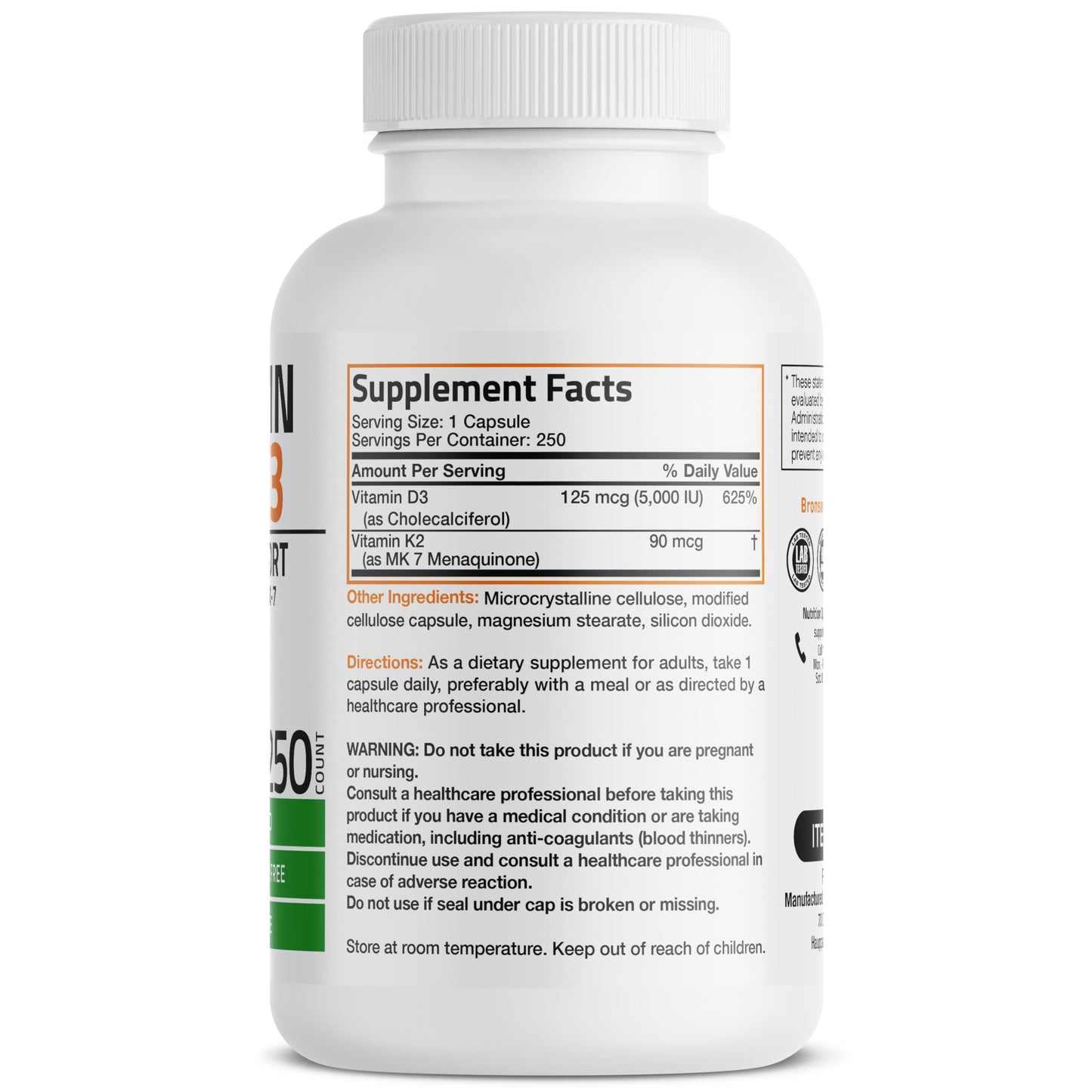 Bronson Vitamin K2 (MK7) with D3 Supplement Non-GMO Formula 5000 IU Vitamin D3 & 90 mcg K2 MK-7 Easy to Swallow D & K Complex, 120 Capsules