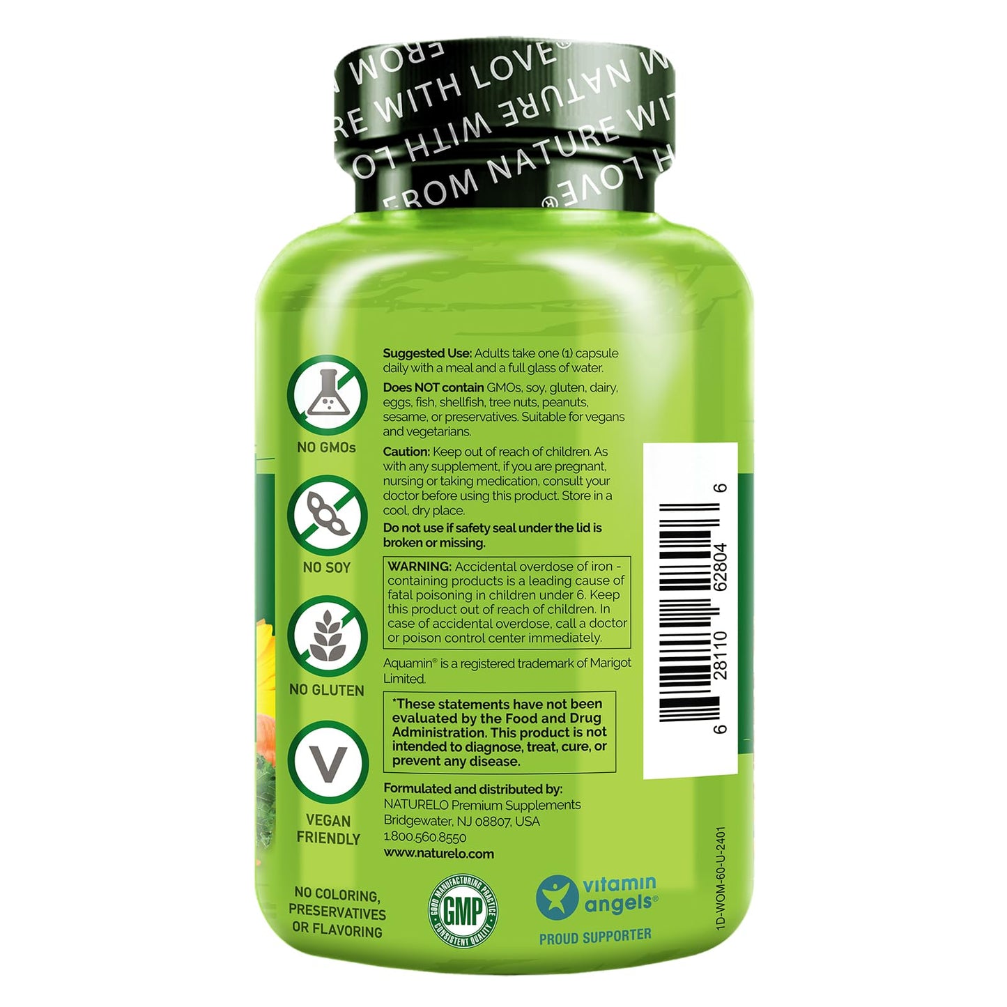 NATURELO One Daily Multivitamin for Women - Energy Support - Whole Food Supplement to Nourish Hair, Skin, Nails - Non-GMO - No Soy - Gluten Free - 60 Capsules - 2 Month Supply